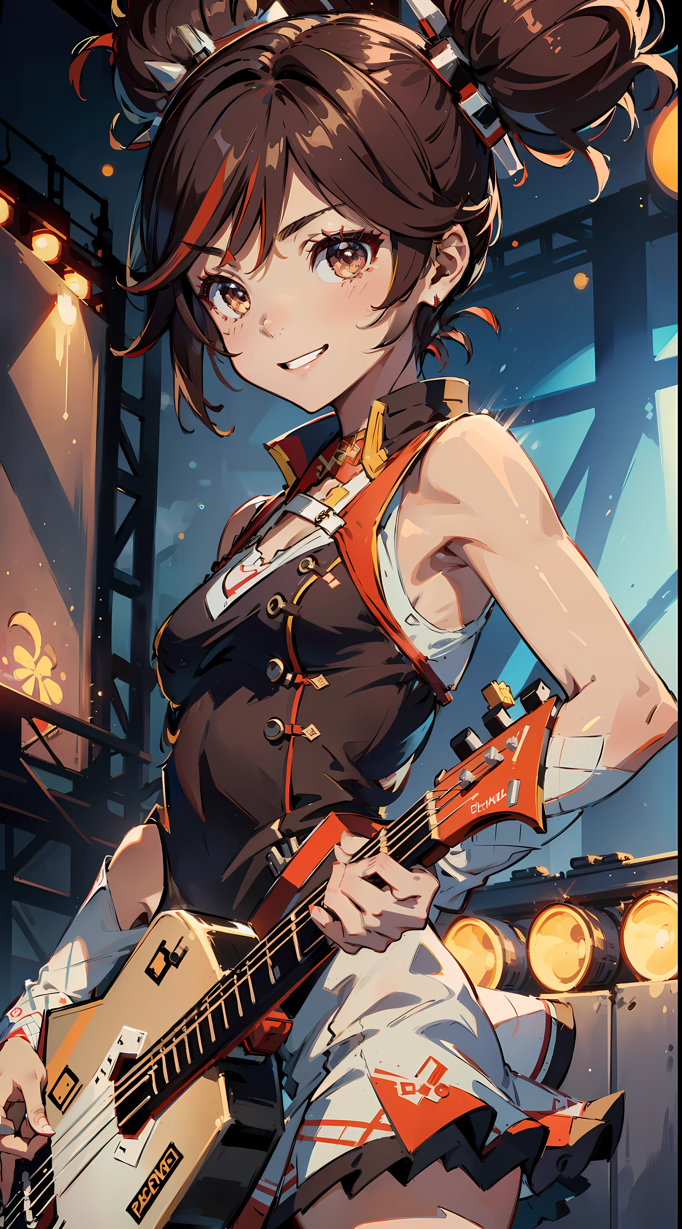 1girl, (solo:1.2), ((masterpiece)), [slim], (small chest), ((detailed eyes)), (bokeh effect), dynamic pose, medium shot, xinyan, brown hair, hair buns, red and brown dress, smiling, (rock n roll theme), (guitar), stage, xinyandef