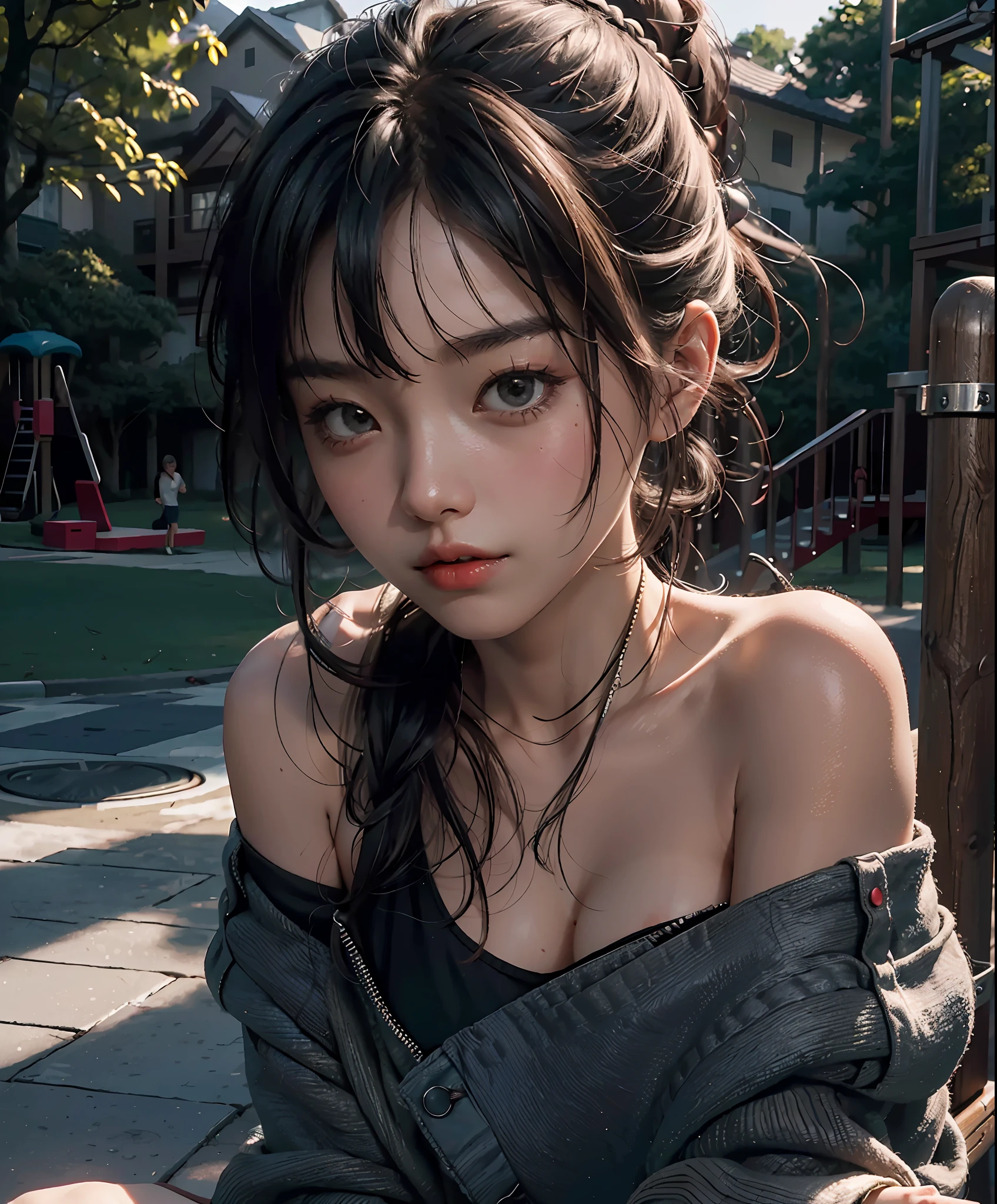 Best Quality, Masterpiece, Ultra High Resolution, (Realisticity: 1.9), Original Photo, 1Girl, Bare Shoulder, Close Up, Asian, Outdoor, Playground, Movie Lighting