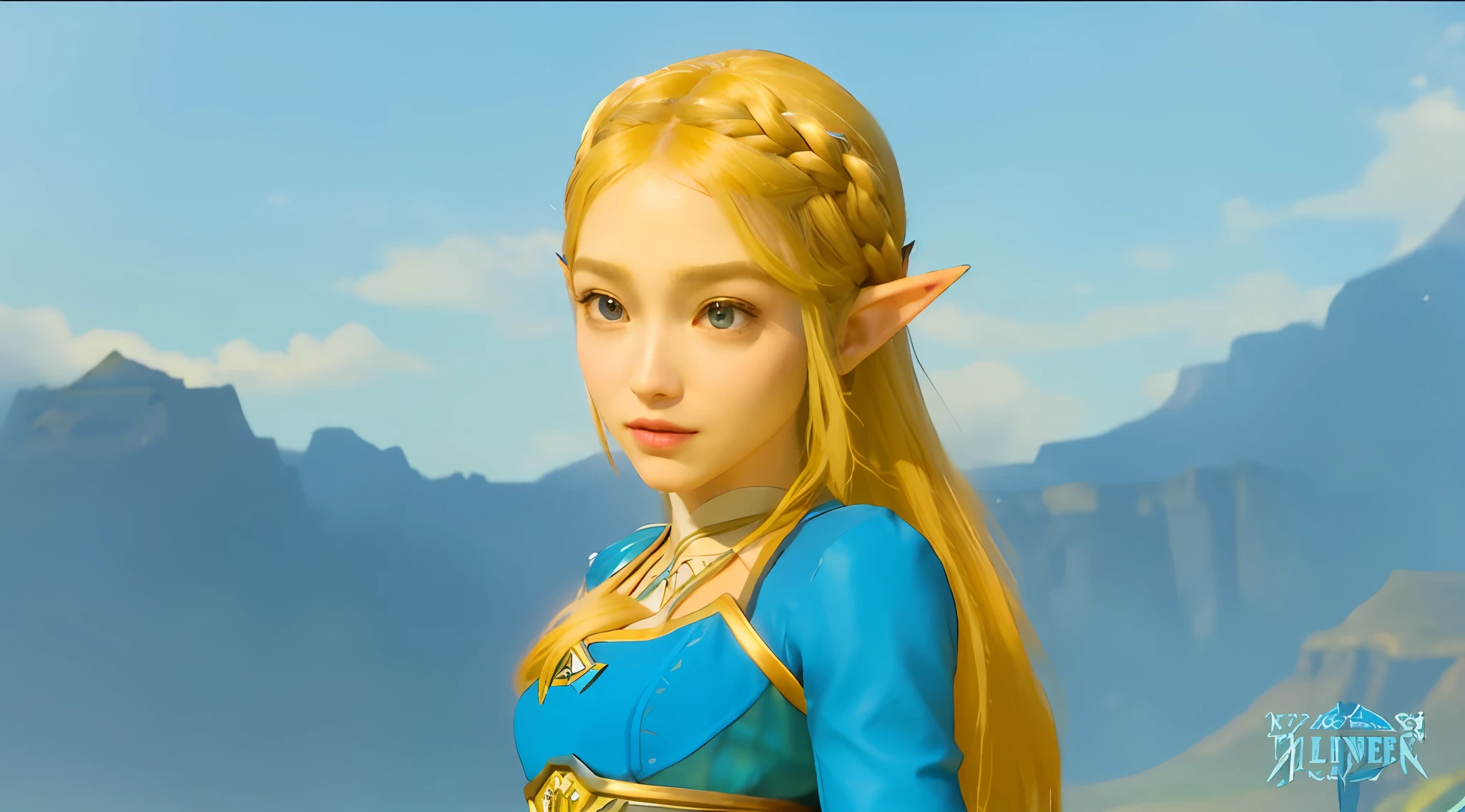 a close up of a woman with long blonde hair wearing a blue dress, zelda botw, botw style, botw, portrait of zelda, portrait of princess zelda, zelda breath of the wild, princess zelda, breath of the wild style, from legend of zelda, breath of the wild, zelda, zelda with triforce, zelda style art, hyrule
