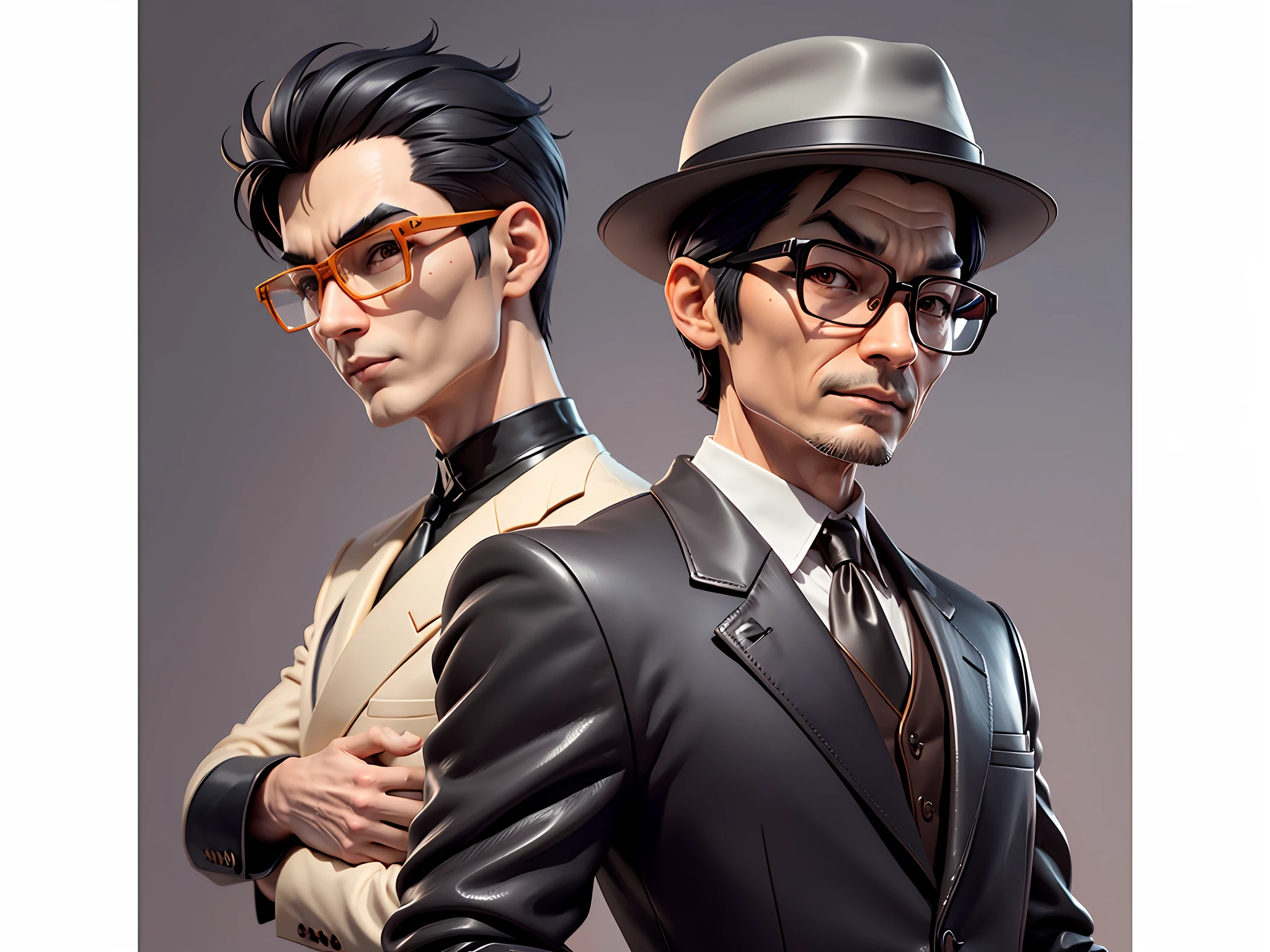 Young man with oriental face in leather hat, tiger, oriental face in formal suit, short black hair, silver glasses, digital painting, 3D character design by Mark Clairedon and Pixar and Hayao Miyazaki and Akira Toriyama, the illustration is a high-definition illustration in 4K resolution with very detailed facial features and cartoon-style visuals.