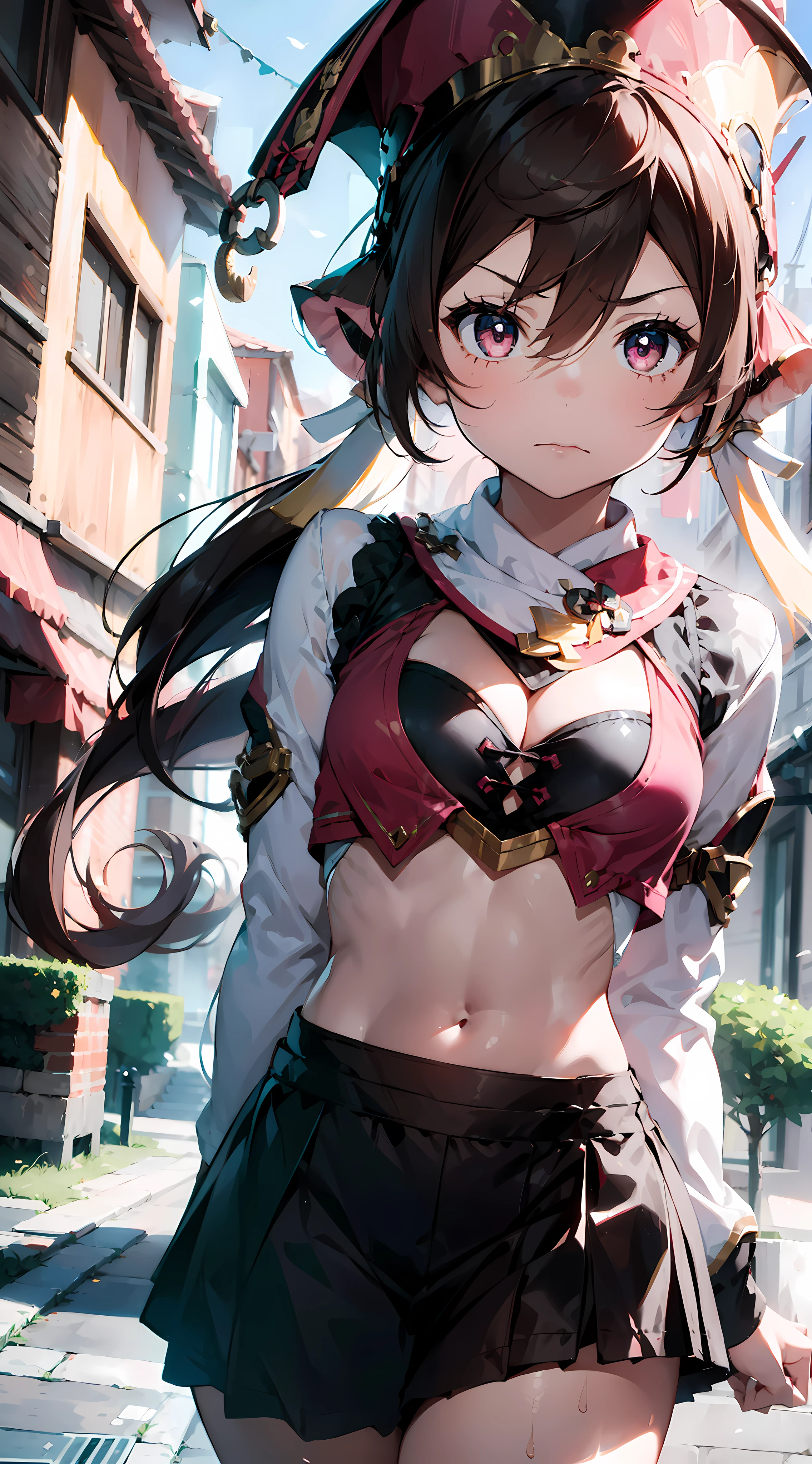 1girl, (solo:1.2), ((masterpiece)), [slim], (small chest), ((detailed eyes)), (bokeh effect), yanfei, (dark hair), closed mouth, (frown), (pink theme), annoyed, small pupils, black and white attire, (red eyes), disappointed