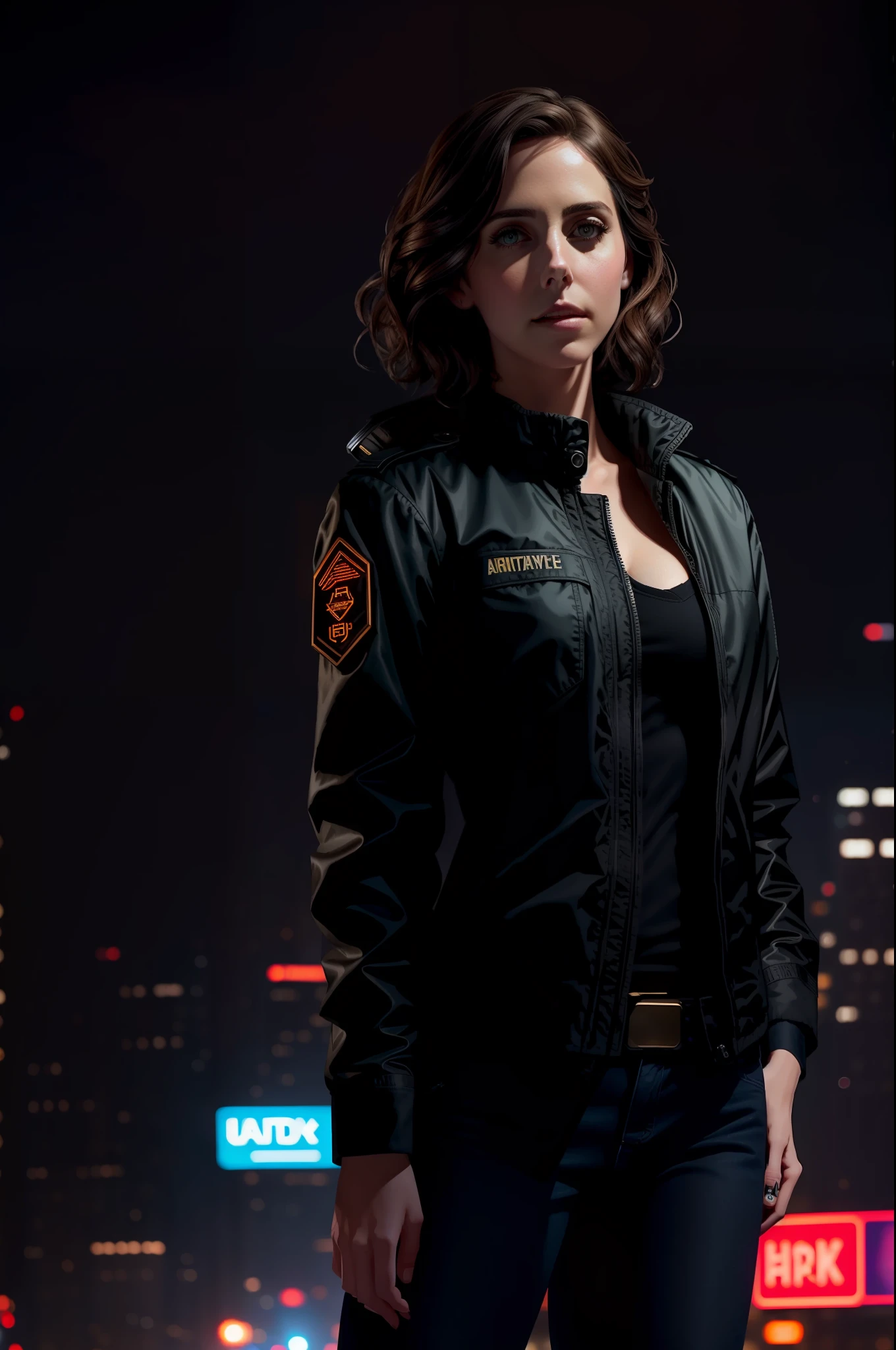 Portrait of a beautiful female model, alison brie, beautiful face, with short dark brown hair, in the cyberpunk city at night. She is wearing a military jacket, black jeans, dramatic lighting, watercolor style, (ultra realistic) (8k)