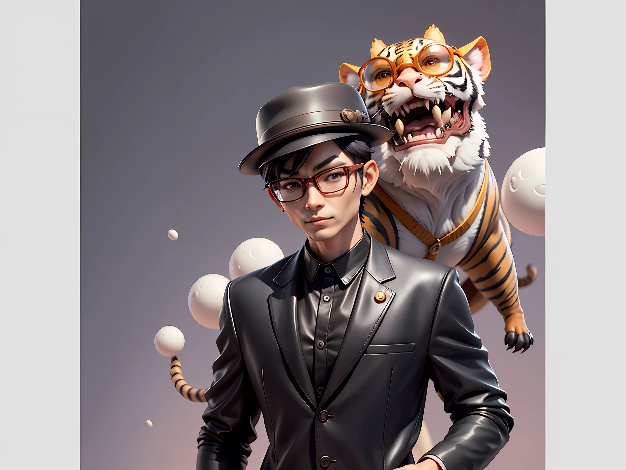 Young man with oriental face in leather hat, tiger, oriental face in formal suit, short black hair, silver glasses, digital painting, 3D character design by Mark Clairedon and Pixar and Hayao Miyazaki and Akira Toriyama, the illustration is a high-definition illustration in 4K resolution with very detailed facial features and cartoon-style visuals.