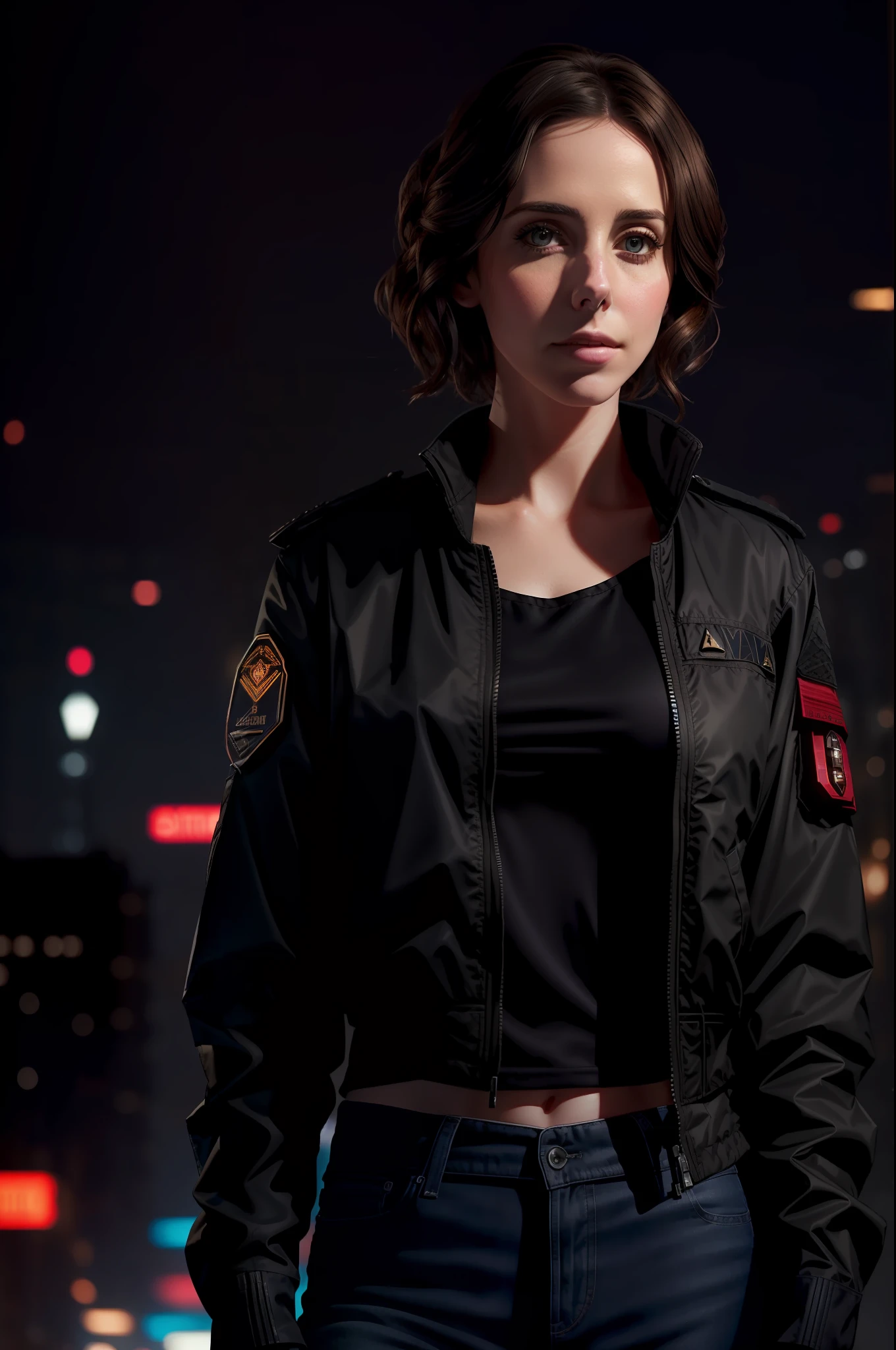 Portrait of a beautiful female model, alison brie, beautiful face, with short dark brown hair, in the cyberpunk city at night. She is wearing a military jacket, black jeans, dramatic lighting, watercolor style, (ultra realistic) (8k)