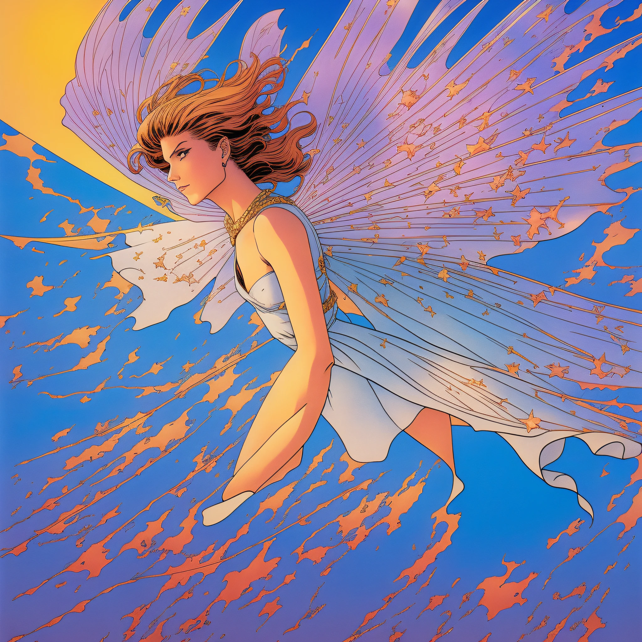 desert, sun, blue sky, a flying fairy, Moebius style