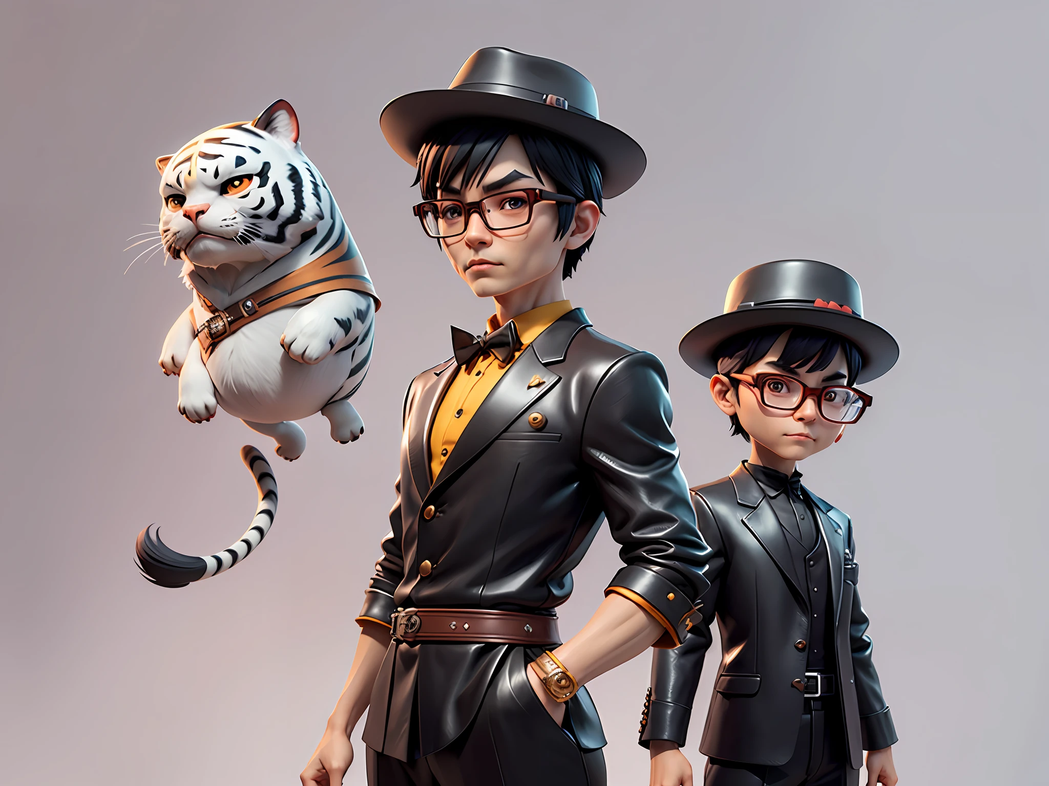 Young man with oriental face in leather hat, tiger, oriental face in formal suit, short black hair, silver glasses, digital painting, 3D character design by Mark Clairedon and Pixar and Hayao Miyazaki and Akira Toriyama, the illustration is a high-definition illustration in 4K resolution with very detailed facial features and cartoon-style visuals.
