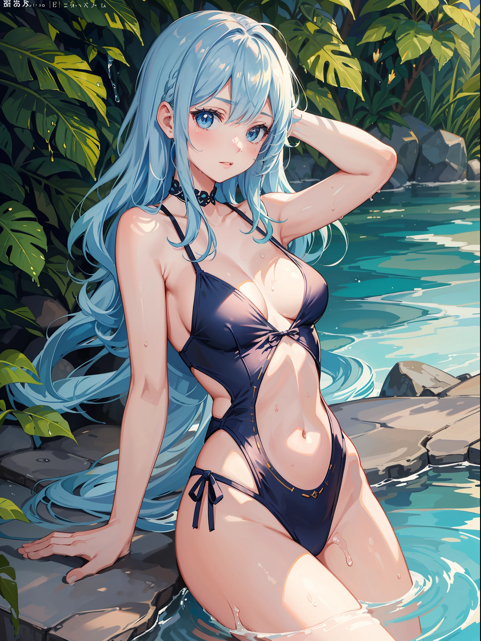 slender beautiful girl, floral school swimsuit, light blue hair, high resolution, top quality, super detail, fine details, no blush, pool, splash, water, sunny sky, wet skin, small breasts