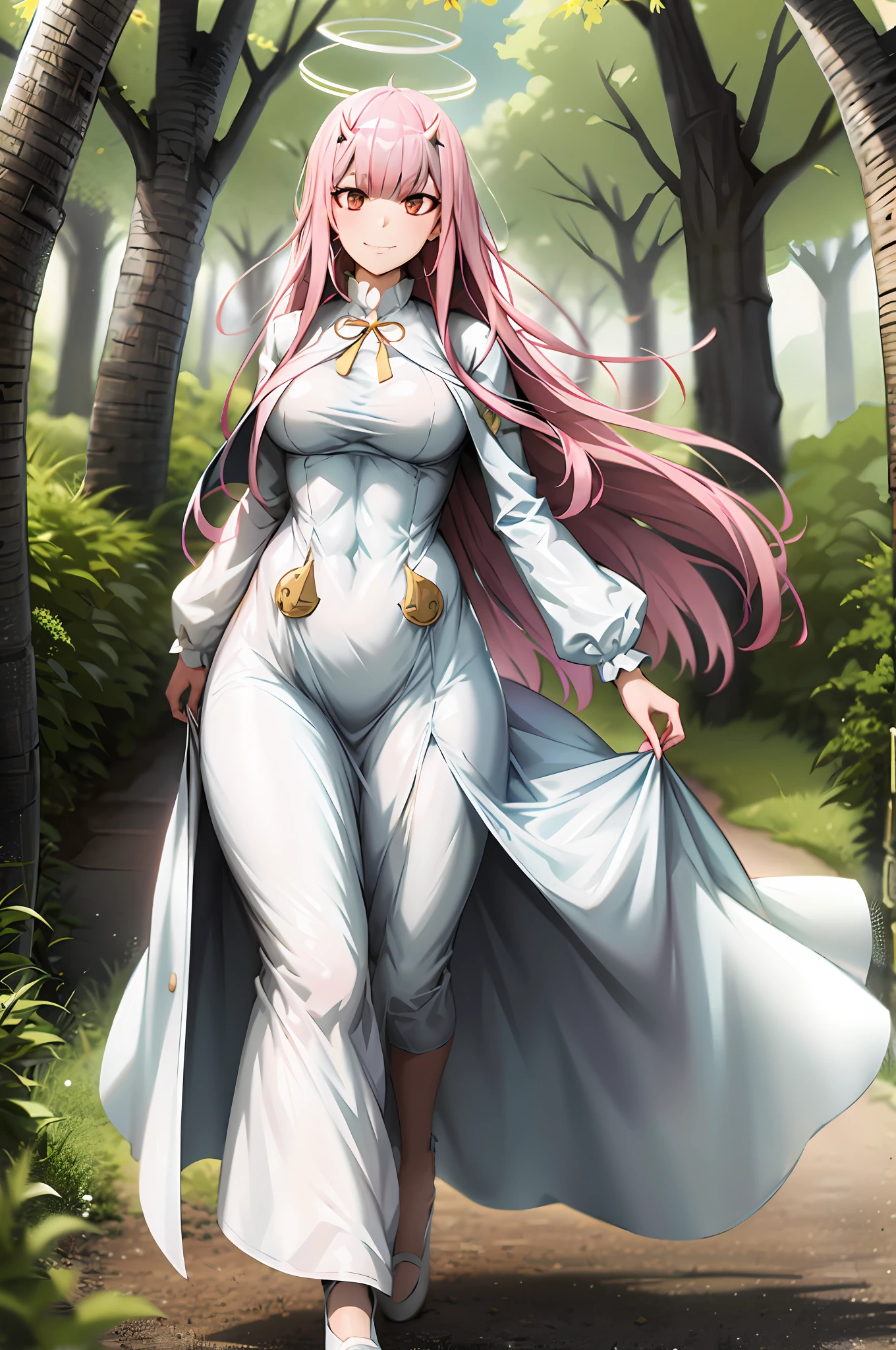 long dress, oni girl, zero two, white dress, white dress, angel halo, rainbow halo, full body, portrait, medium breast, walking, forest, coat, vest, buttlern long skirt, Victorian fabrics, smile ,happy