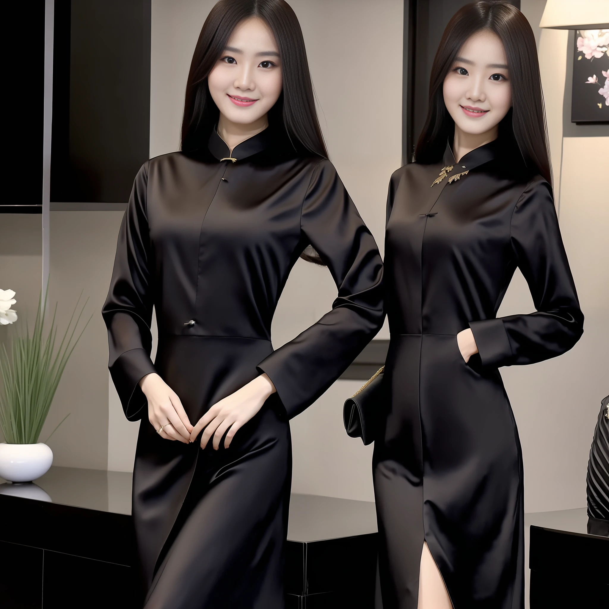 (Best Quality, 8k, 32k, Masterpiece, UHD: 1.2), Photo of a Beautiful Chinese Woman, A Woman: 1.5, (Detailed Face: 1.1), Simple Black Suit, Looking at the Viewer, Full Body Photo: 1.3, Necklace, Dress Shirt, Smile, Lower Body Long Skirt, Slim Figure, Long Legs, High Heels: 1.4, Tall