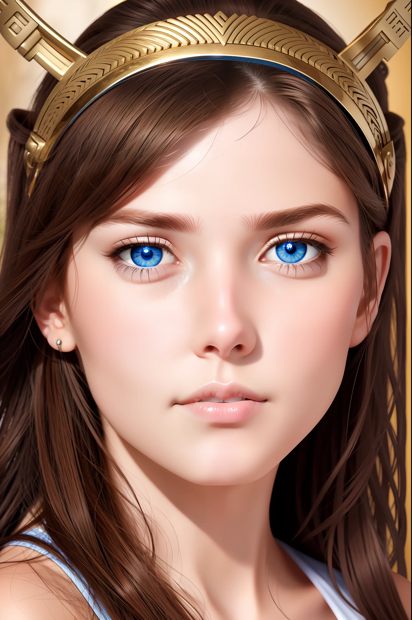 Portrait of Goddess Athena beautiful face big blue eyes brown hair