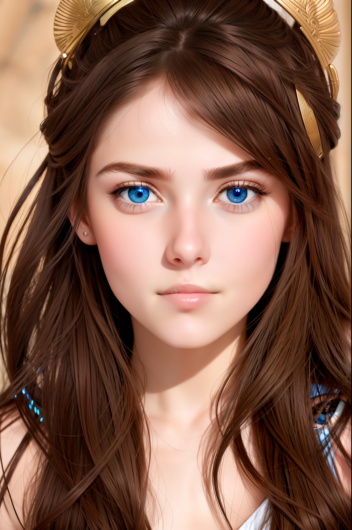 Portrait of Goddess Athena beautiful face big blue eyes brown hair