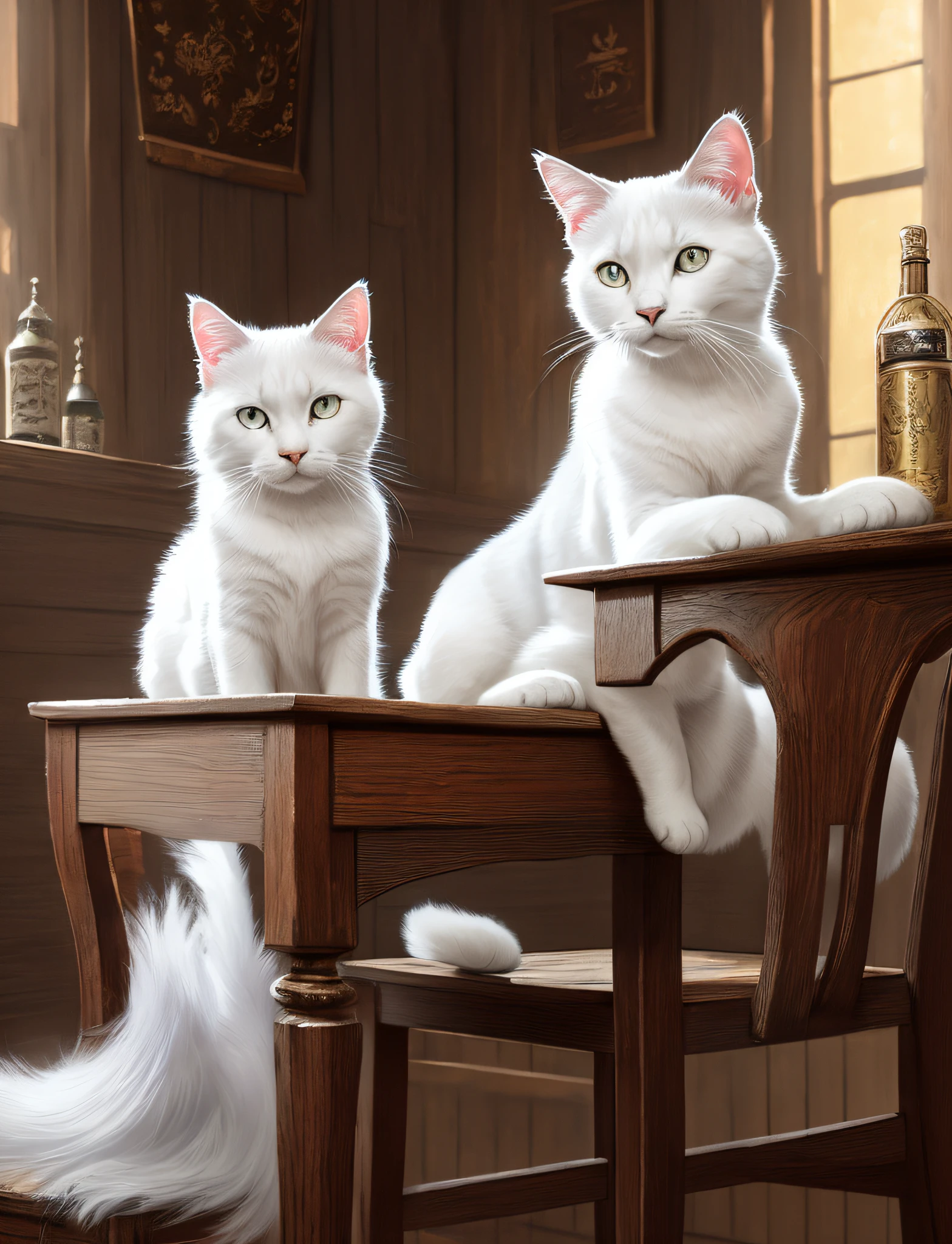 modelshoot style, 16k, portrait of a cute white \(russian blue\) cat sitting on a wooden chair in a medieval tavern, detailed fur, trending on ArtStation, trending on CGSociety, Intricate, High Detail, Sharp focus, dramatic lighting, digital painting, digital art, by artgerm, by WLOP