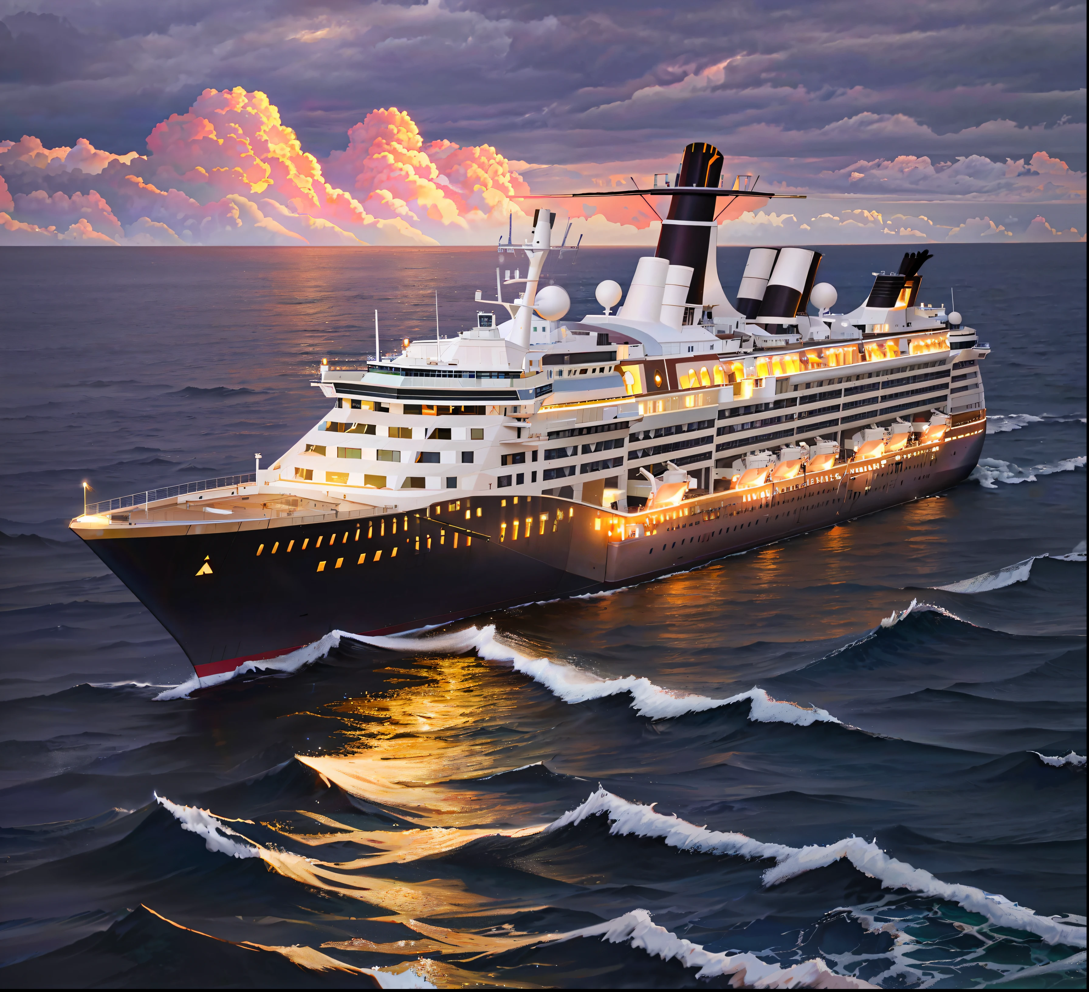Dramatic lighting, highest quality, film still image, (storm clouds: 0.7), (stormy weather: 0.5), low natural light, (direct light: 0.4), 8mm film grain, using Sony a9 II, 24mm lens, F/2.8 aperture , deep focus, (original), 8k, large cruise ship, luxury cruise ship