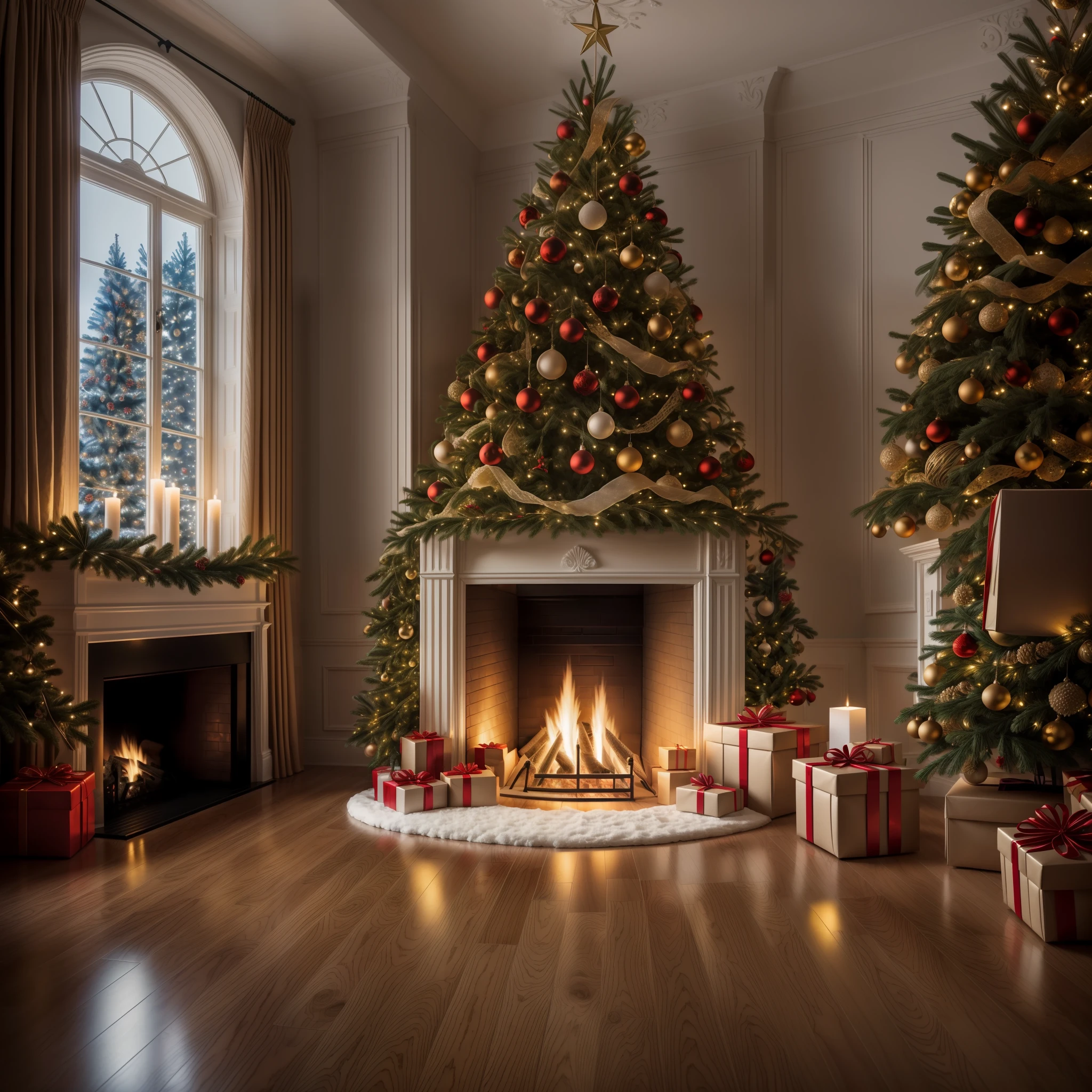 Best quality, masterpiece, fireplace, Christmas, Christmas tree, gifts, real photography style, positive perspective