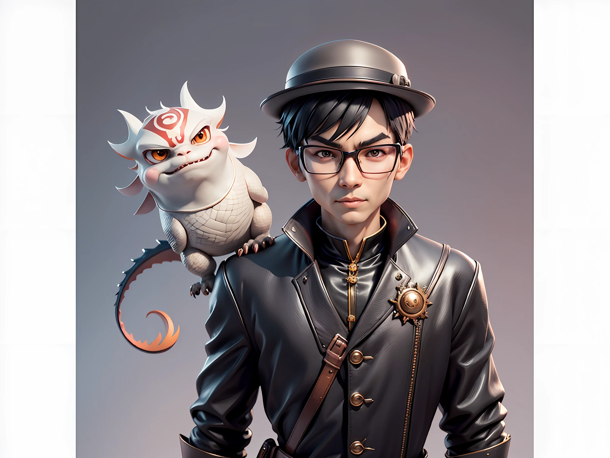 Young man with oriental face in leather hat, dragon, formal suit, short black hair, silver glasses, digital painting, 3D character design by Mark Clairedon and Pixar and Hayao Miyazaki and Akira Toriyama, the illustration is a high-definition illustration in 4K resolution with very detailed facial features and cartoon-style visuals.