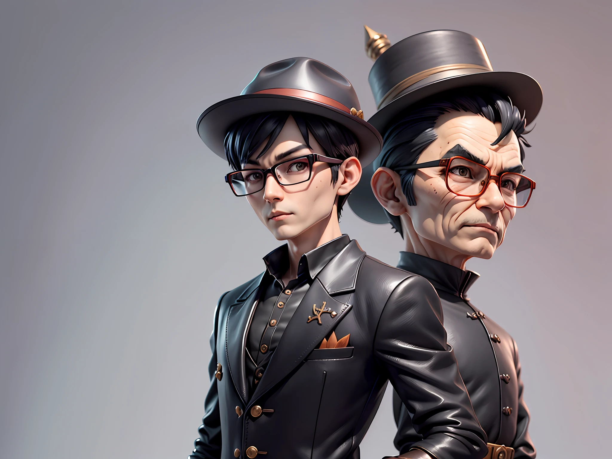 Young man with oriental face in leather hat, dragon, formal suit, short black hair, silver glasses, digital painting, 3D character design by Mark Clairedon and Pixar and Hayao Miyazaki and Akira Toriyama, the illustration is a high-definition illustration in 4K resolution with very detailed facial features and cartoon-style visuals.