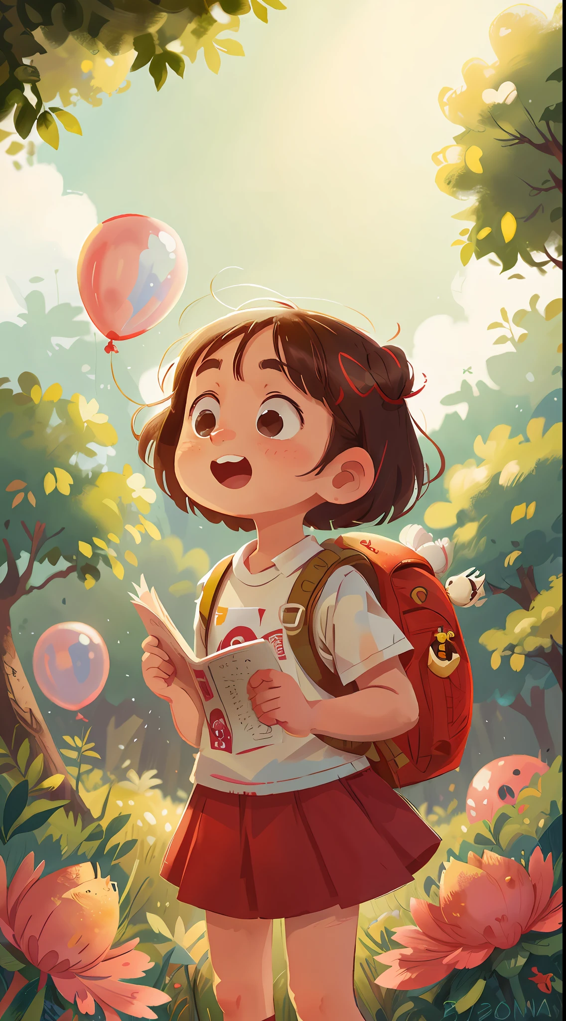 A girl, zoo, wearing white T-Shirt and red skirt, many balloons, school, book, backpack, happy, happy, perfect quality, clear focus (clutter - home: 0.8), (masterpiece: 1.2) (realistic: 1.2) (bokeh) (best quality) (detailed skin: 1.3) (complex details) (8K) (detail eyes) (sharp focus), (happy) full body, two , clean background, long view composition, 85MM SHOT