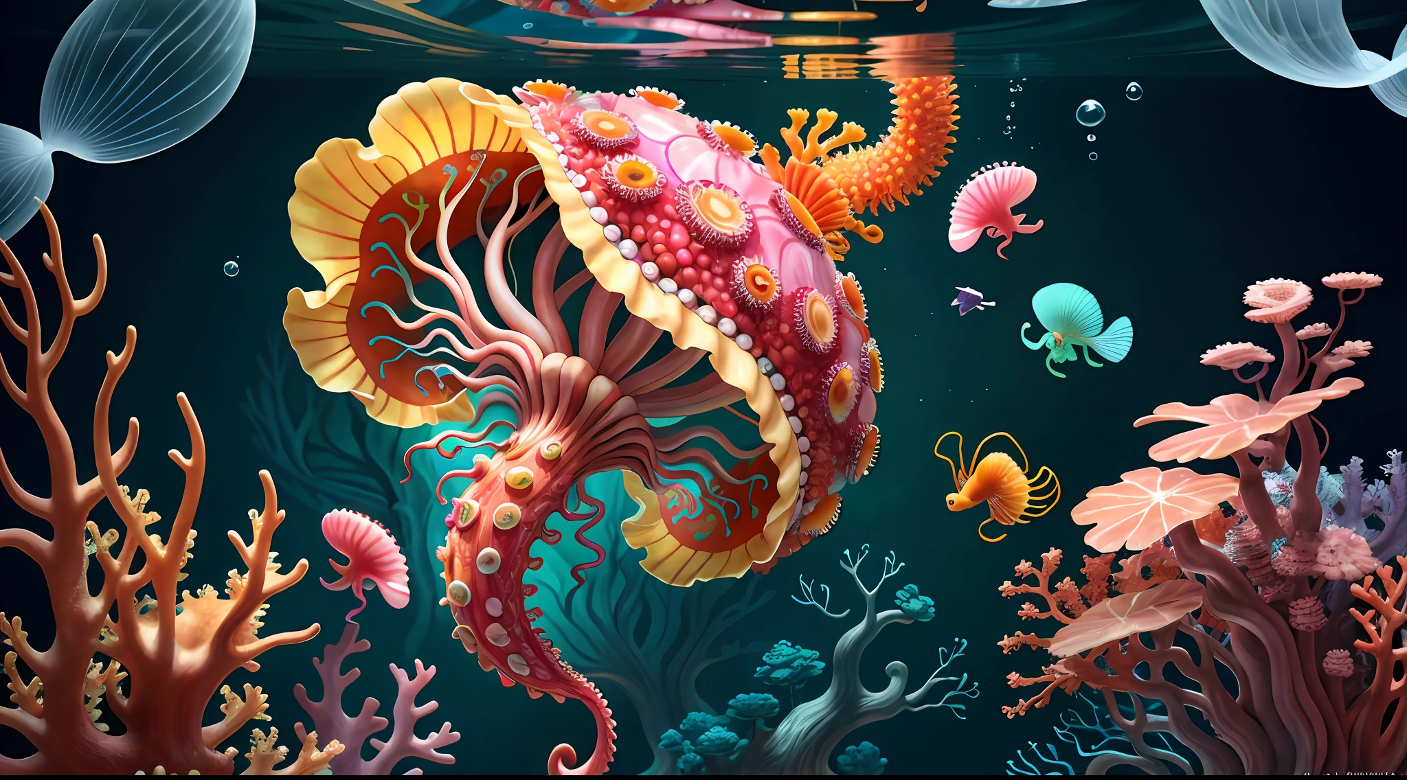 Colorful, master composition, focus on key figures, realism, masterpiece, award-winning, best quality, masterpiece, ultra-detailed, 8K, extremely detailed CG Unity 8k wallpaper, complex, highly detailed, realistic, "under water, intricate details, macro shot glowing jellyfish girl, coral, light bulb, brightness, (neutral color: 1.2), ultra-detailed, cinematic, complex background, huge ocean twisted Mandelbrot fractal shell, golden pearl nacre, hyper detail, ArtStation, Octane Renderer, (Color Acne: 1.3)",