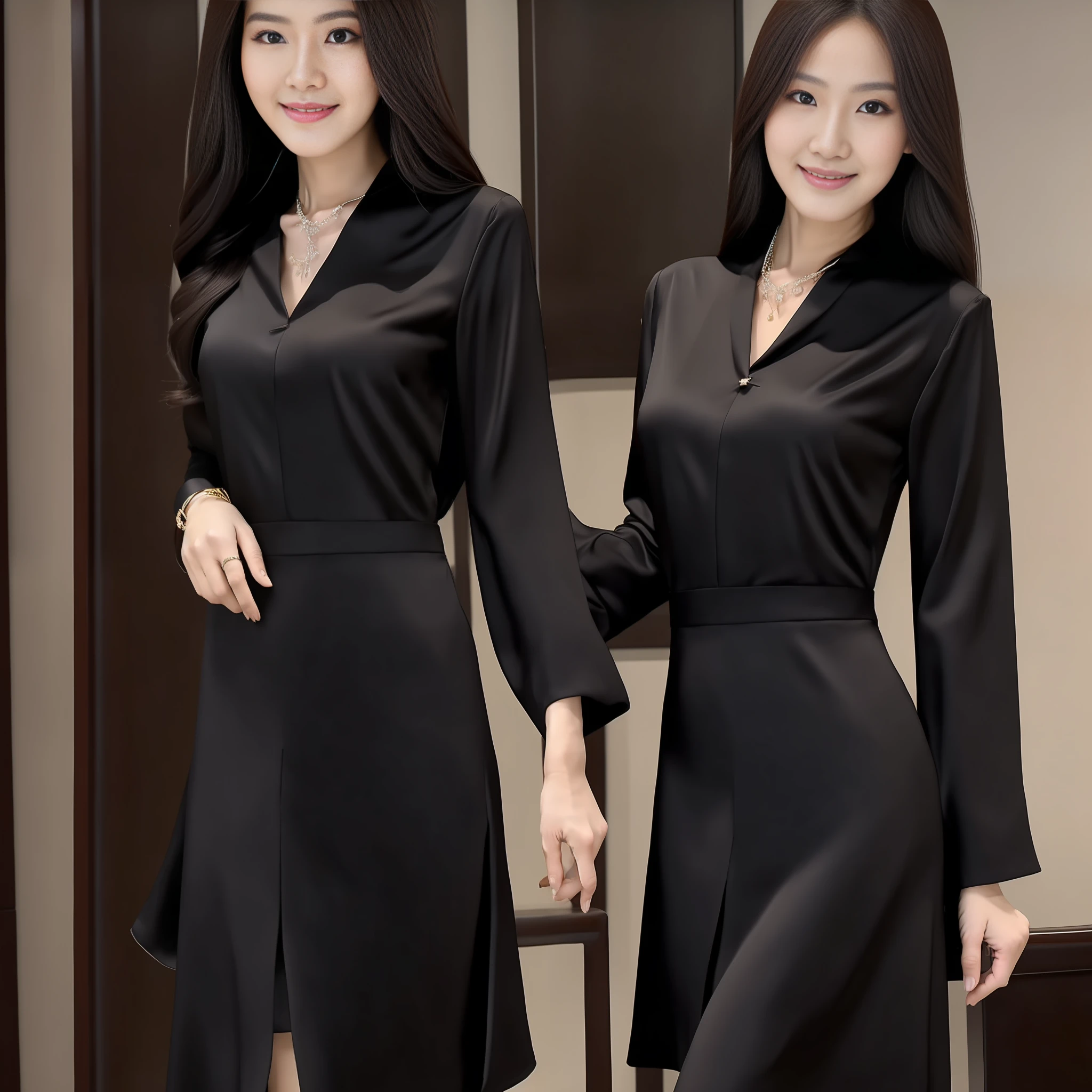 (Best Quality, 8k, 32k, Masterpiece, UHD: 1.2), Photo of a Beautiful Chinese Woman, A Mature and Tall Woman: 1.5, (Detailed Face: 1.1), Simple Black Suit, Looking at the Viewer, Full Body Photo: 1.3, Necklace, Dress Shirt, Smile, Lower Body Long Skirt, Slim Figure, Long Legs, High Heels: 1.4, Tall