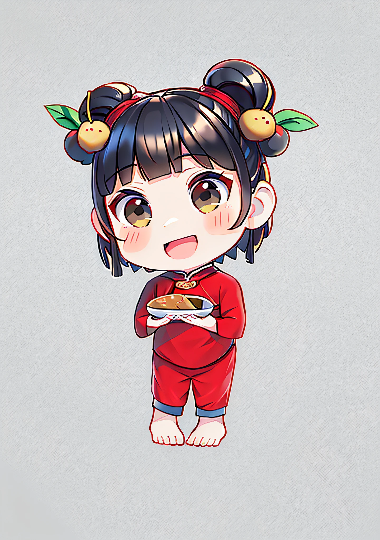 1 girl, (Chinese style: 1.5), Hanfu, red clothes, long hair, blush, open mouth, white background, solo, teruterubouzu, sleeveless, smile, black eyes, full body, :d, snail, barefoot, white background, standing, food theme hair ornament, holding,