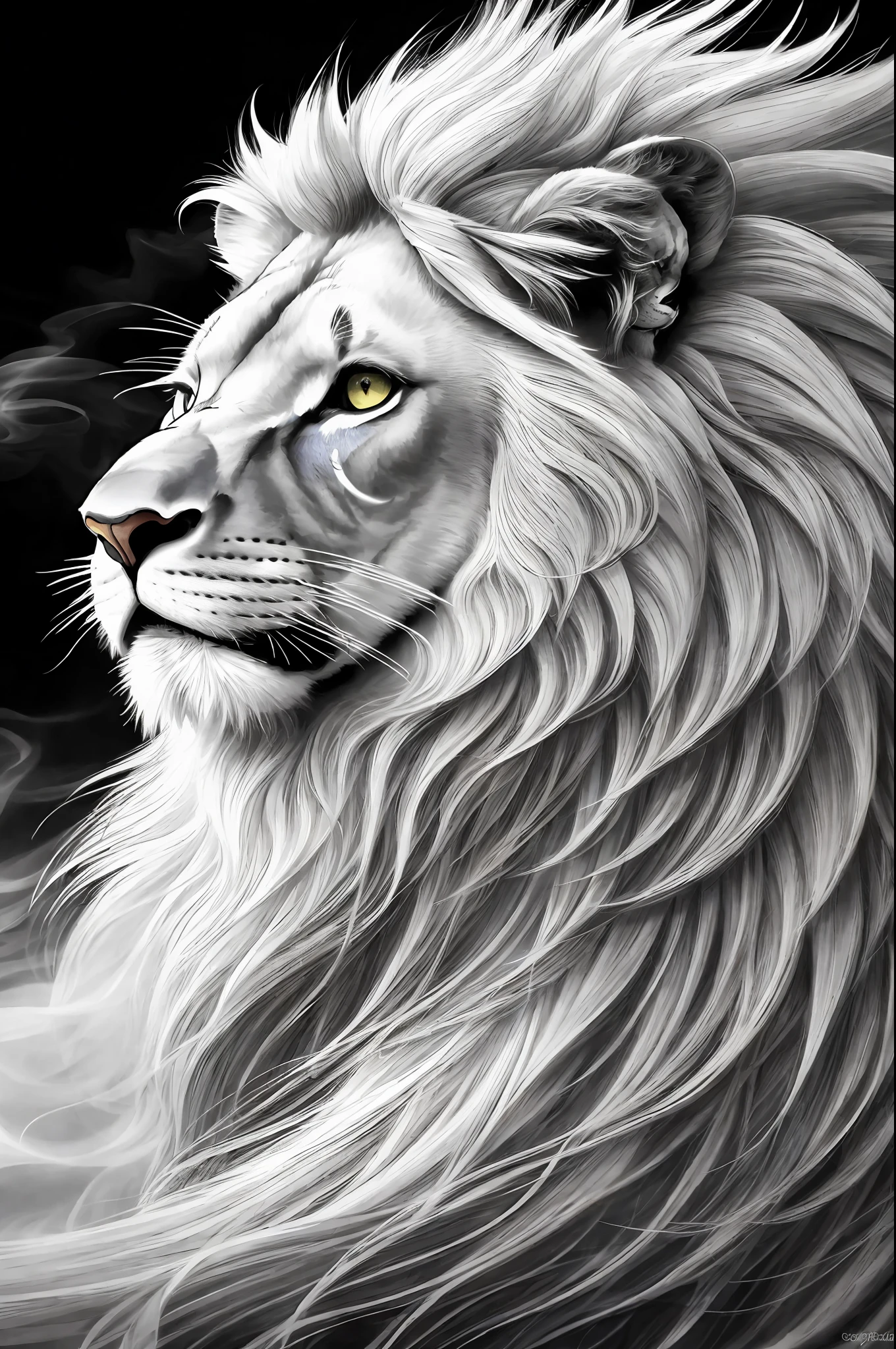((Best quality)), ((masterpiece)), ((realistic cartoon)), ((perfect character)):
A mesmerizing and captivating illustration emerges before you, showcasing a magnificent lion formed entirely of billowing white smoke. The delicate tendrils of smoke gracefully intertwine, meticulously shaping the regal features of the lion's face, its majestic mane flowing in ethereal wisps. Every detail of this smoke-formed lion is rendered with astonishing realism, as if the spirit of the lion itself has been embodied in the delicate haze. Against a backdrop of absolute darkness, the contrast between the white smoke lion and the black void creates a striking and dramatic effect. Prepare to be enthralled by this remarkable work of art, a true masterpiece in the realm of realistic cartoon creations.
Eye level, scenic, masterpiece.