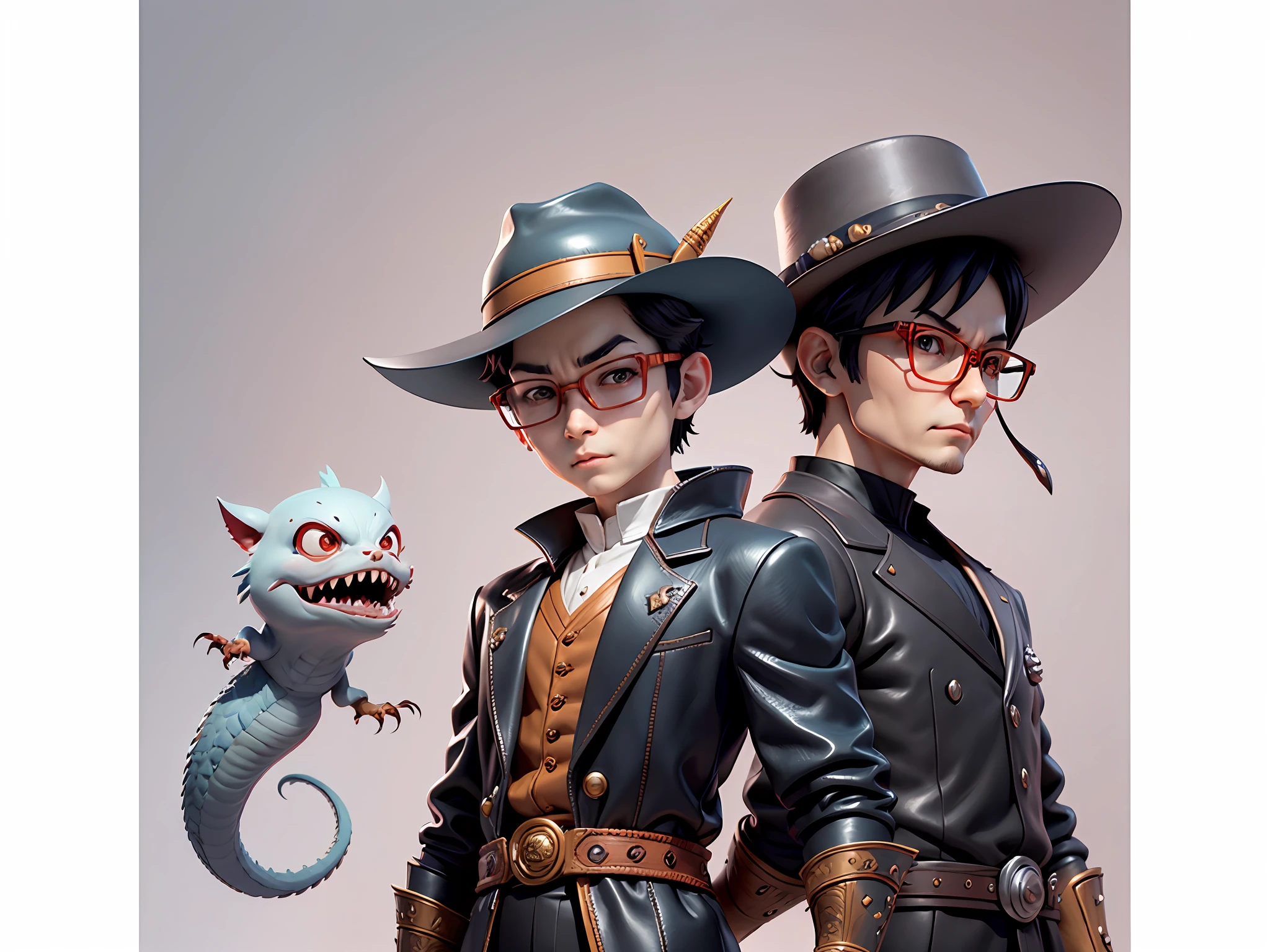 Young man with oriental face in leather hat, dragon, formal suit, short black hair, silver glasses, digital painting, 3D character design by Mark Clairedon and Pixar and Hayao Miyazaki and Akira Toriyama, the illustration is a high-definition illustration in 4K resolution with very detailed facial features and cartoon-style visuals.
