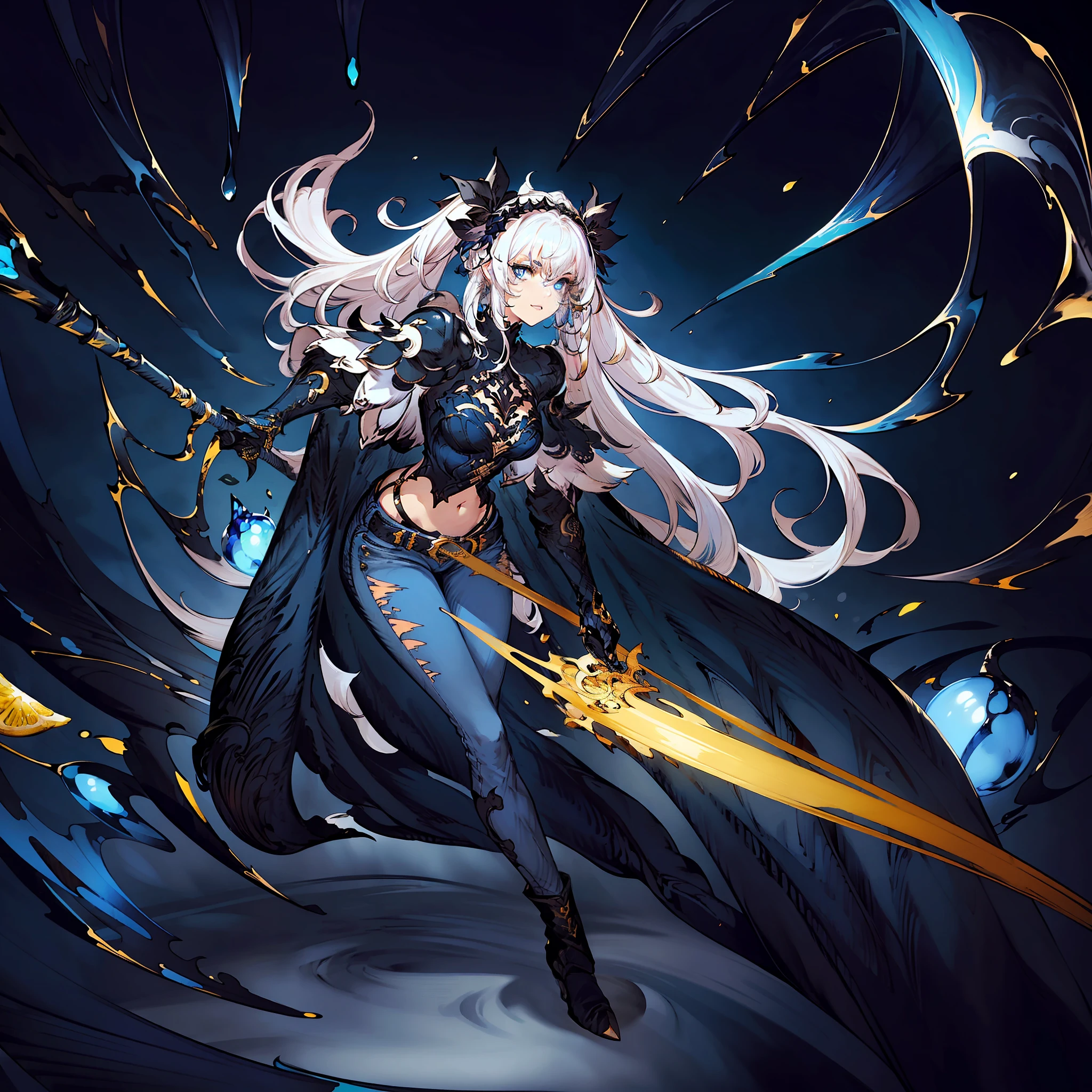 (masterpiece, best quality, ultra-detailed, best shadow), (detailed background, dark fantasy), high contrast, (best illumination, an extremely delicate and beautiful), ((cinematic light)), colorful, hyper detail, dramatic light, intricate details, (1girl, solo,white hair, sharp face,low twintails, blue eyes, hair between eyes, dynamic angle, (beautiful detailed face, jeans), ), (lemons splatter), depth of field, black light particles,jitian,