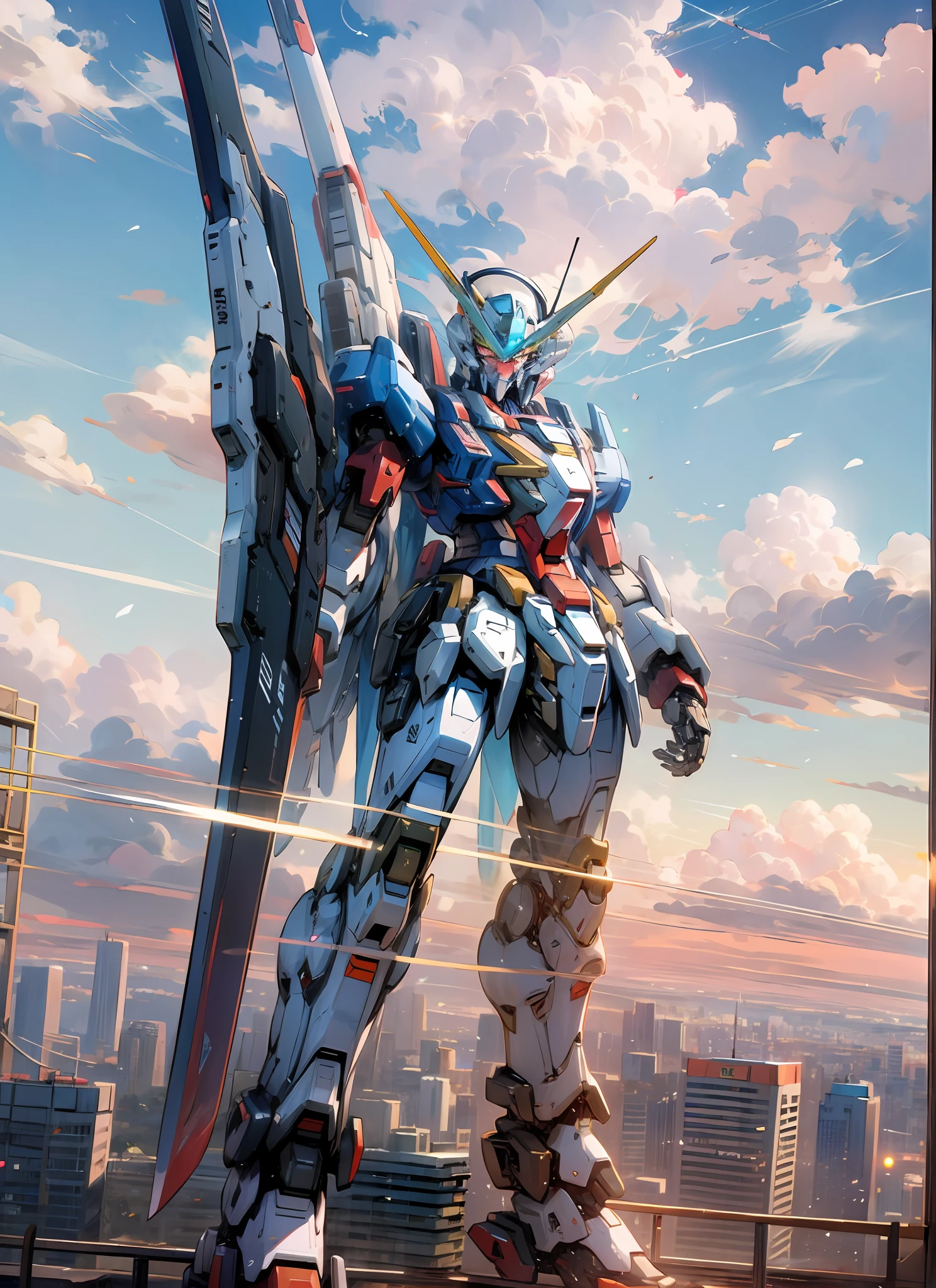 "Gundam, Colorful Sky, Clouds, holds_weapon, no_human, Glow, Robot, Building, radiant_eyes, Mecha, Sci-Fi, Cityscape, Reality, Mechanical" --auto --s2