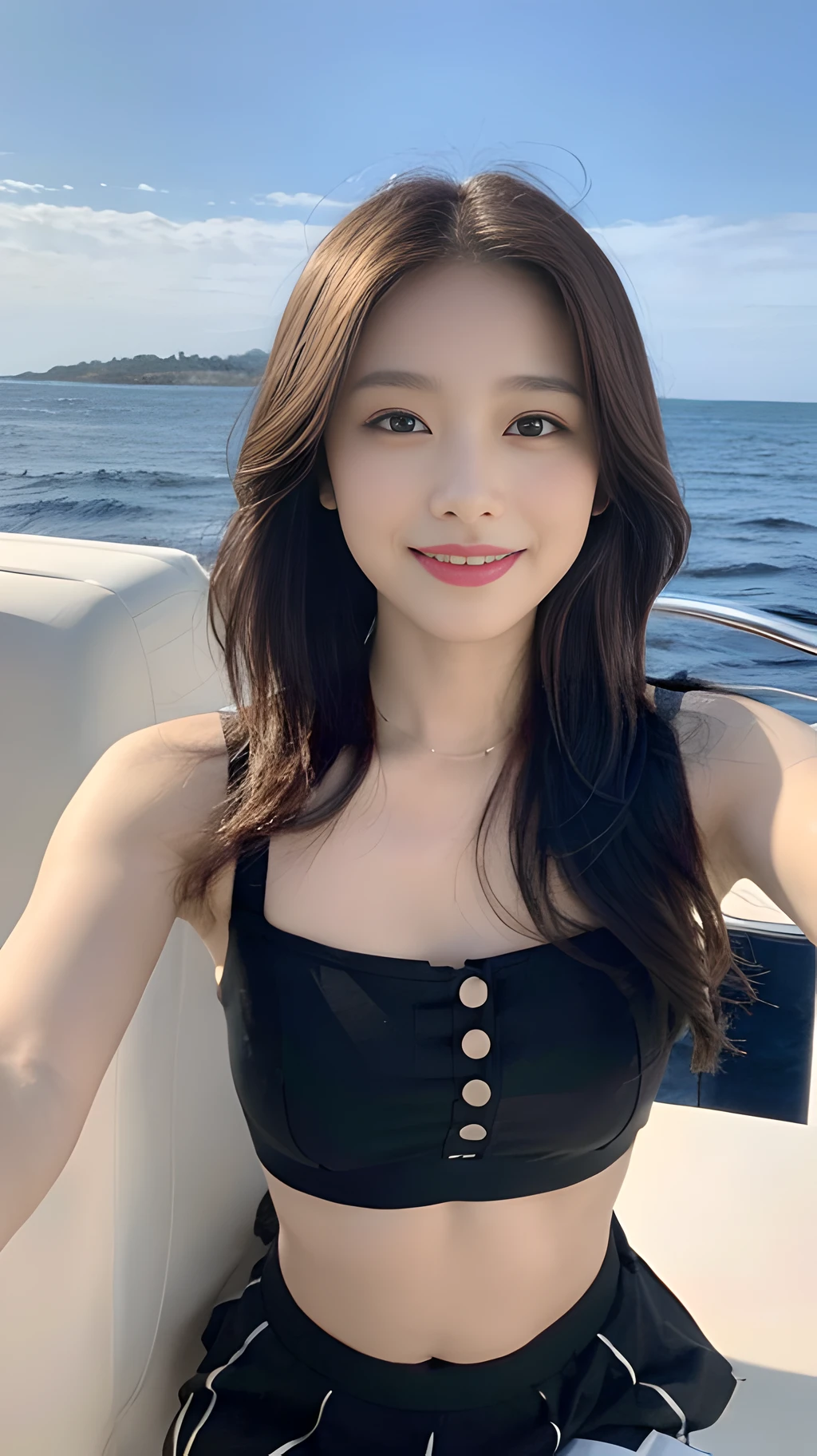 ((Best Quality, 8K, Masterpiece: 1.3)), , Focus: 1.2, Perfect Body Beauty: 1.4, Buttocks: 1.2, (Layered Haircut: 1.2)), (Dark Street: 1.3), Highly Detailed Face and Skin Texture, Full Body, Fine Eyes, Double Eyelids, Whitened Skin, Long Curls, (Round Face: 1.5), (Navel Cover: 1.6). Smile Standing on a yacht in the sea and looking at the sea
