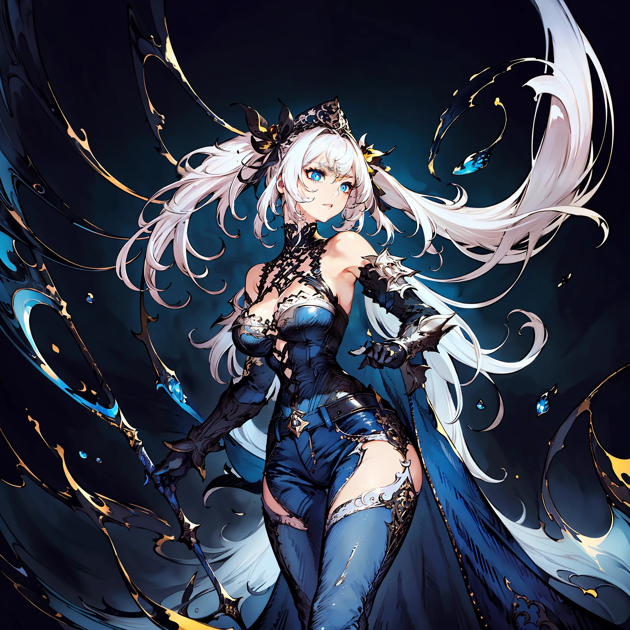 (masterpiece, best quality, ultra-detailed, best shadow), (detailed background, dark fantasy), high contrast, (best illumination, an extremely delicate and beautiful), ((cinematic light)), colorful, hyper detail, dramatic light, intricate details, (1girl, solo,white hair, sharp face,low twintails, blue eyes, hair between eyes, dynamic angle, (beautiful detailed face, jeans), ), (lemons splatter), depth of field, black light particles,jitian，