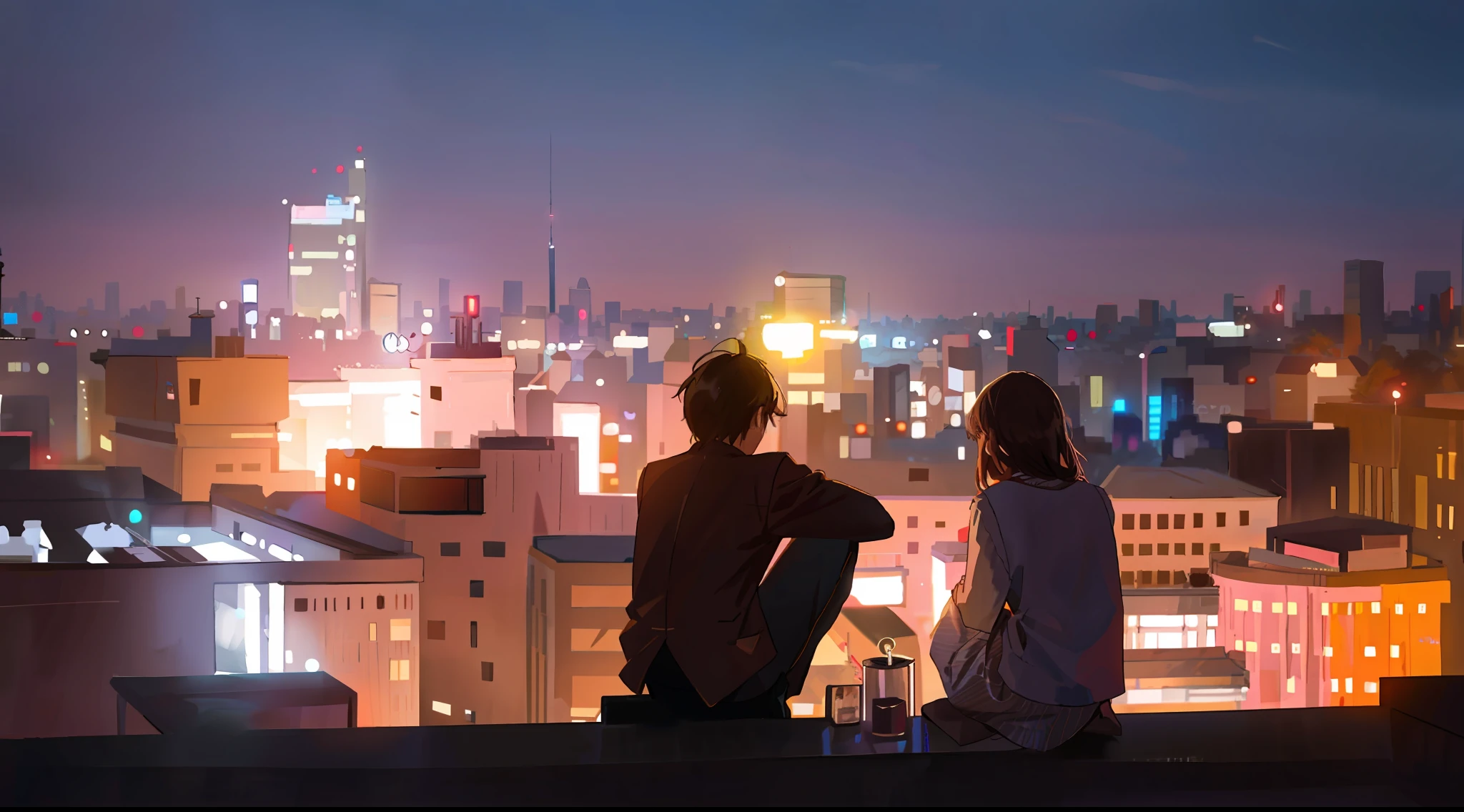 there are two people sitting on a ledge looking at the city, rooftop romantic, sitting on a skyscraper rooftop, on a rooftop, overlooking a modern city, sits on a rooftop, in a rooftop, on rooftop, rooftop party, girl sitting on a rooftop, city rooftop, looking over city, looking at the city, skyline view from a rooftop, rooftop