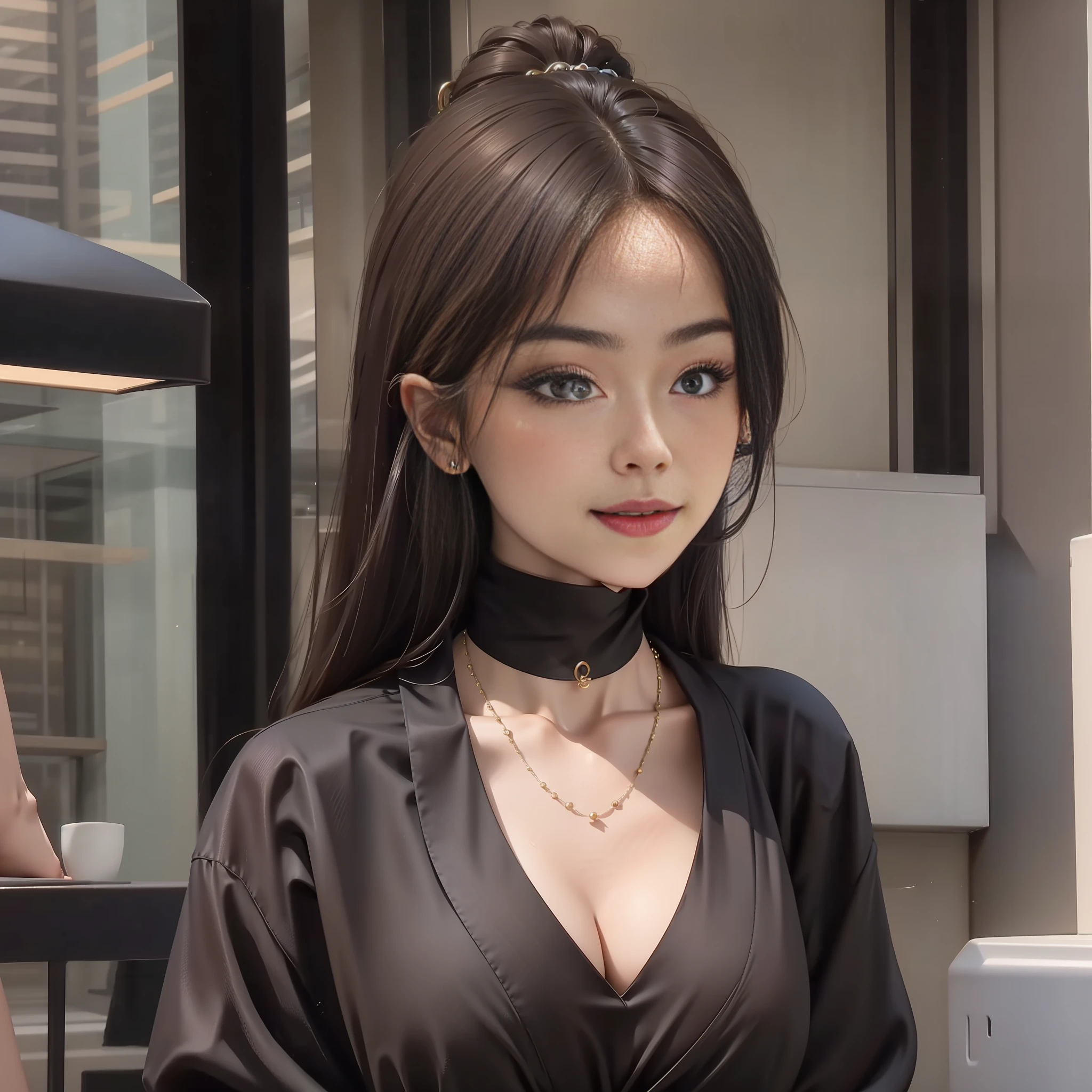(Best Quality, 8k, 32k, Masterpiece, UHD: 1.2), Photo of a Beautiful Chinese Woman, A Woman: 1.5, (Detailed Face: 1.1), Simple Black Suit, Looking at the Viewer, Full Body Photo: 1.3, Necklace, Dress Shirt, Smile, Lower Body Long Skirt, Slim Figure, Long Legs, High Heels: 1.4, Tall
