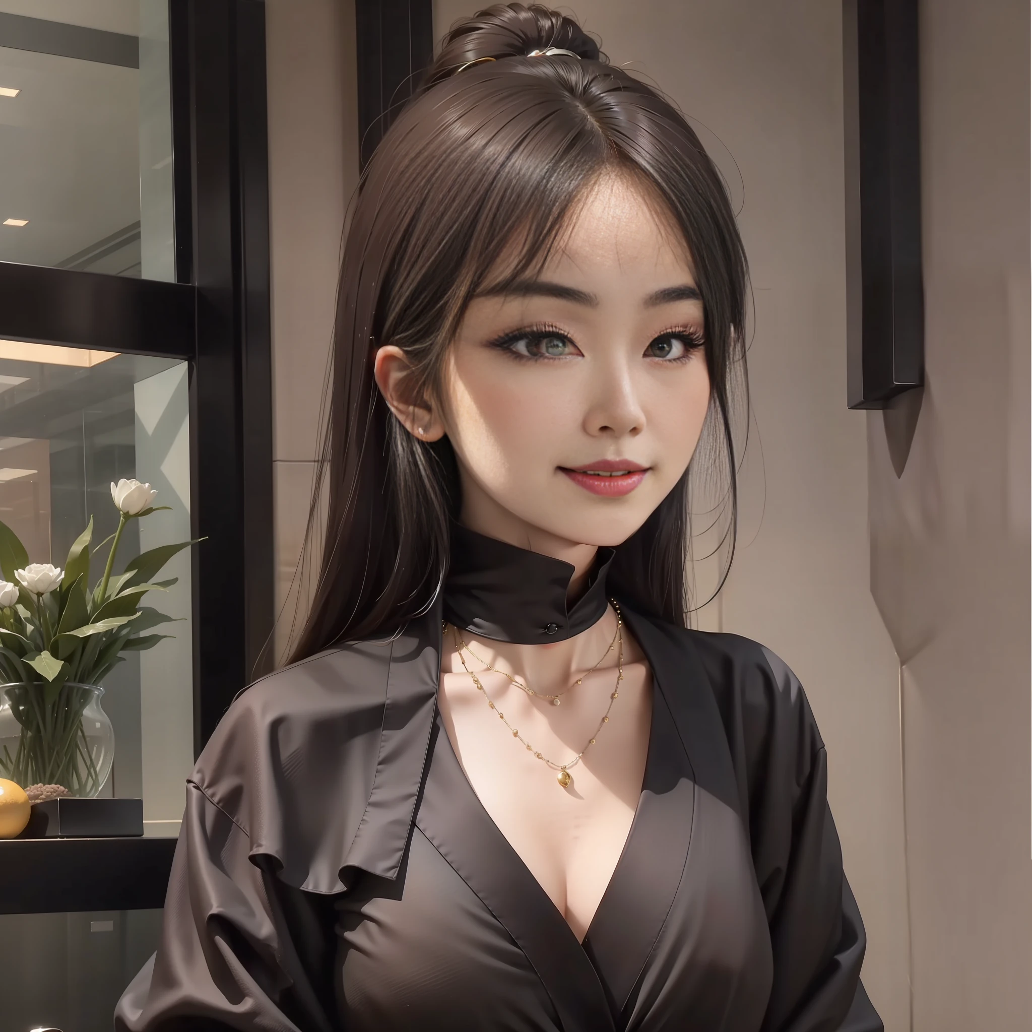 (Best Quality, 8k, 32k, Masterpiece, UHD: 1.2), Photo of a Beautiful Chinese Woman, A Woman: 1.5, (Detailed Face: 1.1), Simple Black Suit, Looking at the Viewer, Full Body Photo: 1.3, Necklace, Dress Shirt, Smile, Lower Body Long Skirt, Slim Figure, Long Legs, High Heels: 1.4, Tall