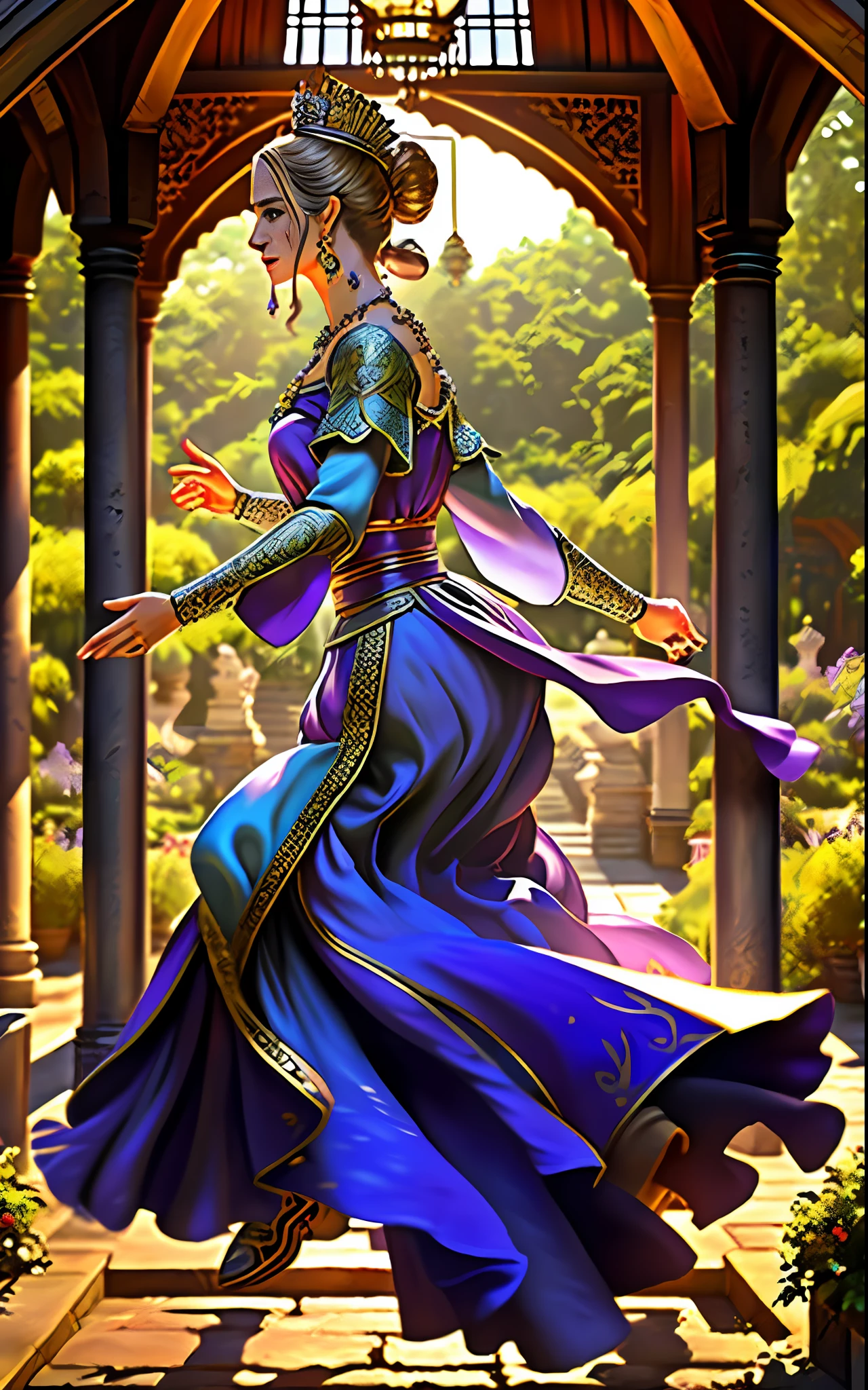 masterpiece, highly detailed, ultra-realistic, detailed background, bright lighting, sunlight,
Beautiful Face, Beautiful Eyes, Medieval Style, One Girl, Solo,(Royal Gardens), (Gazebo),
(12-year-old princess), (gorgeous purple dress), (necklace), (earrings), (full body), (from side:1.5). running: 1.5),