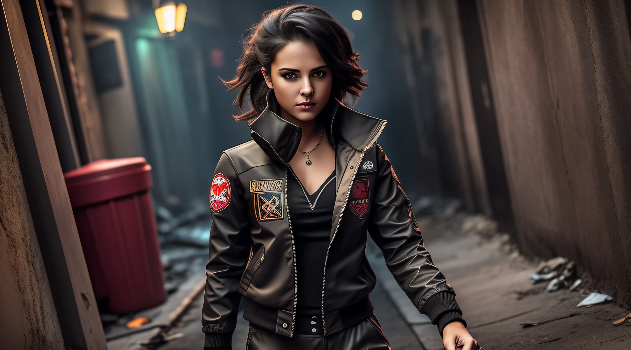 (dark night) no light (perfect portrait) a young woman (game player)(wear pants, boots and survivor jacket) running in scary alley garbage cans and (rats) (dark and no_lighting) scary demons behind her