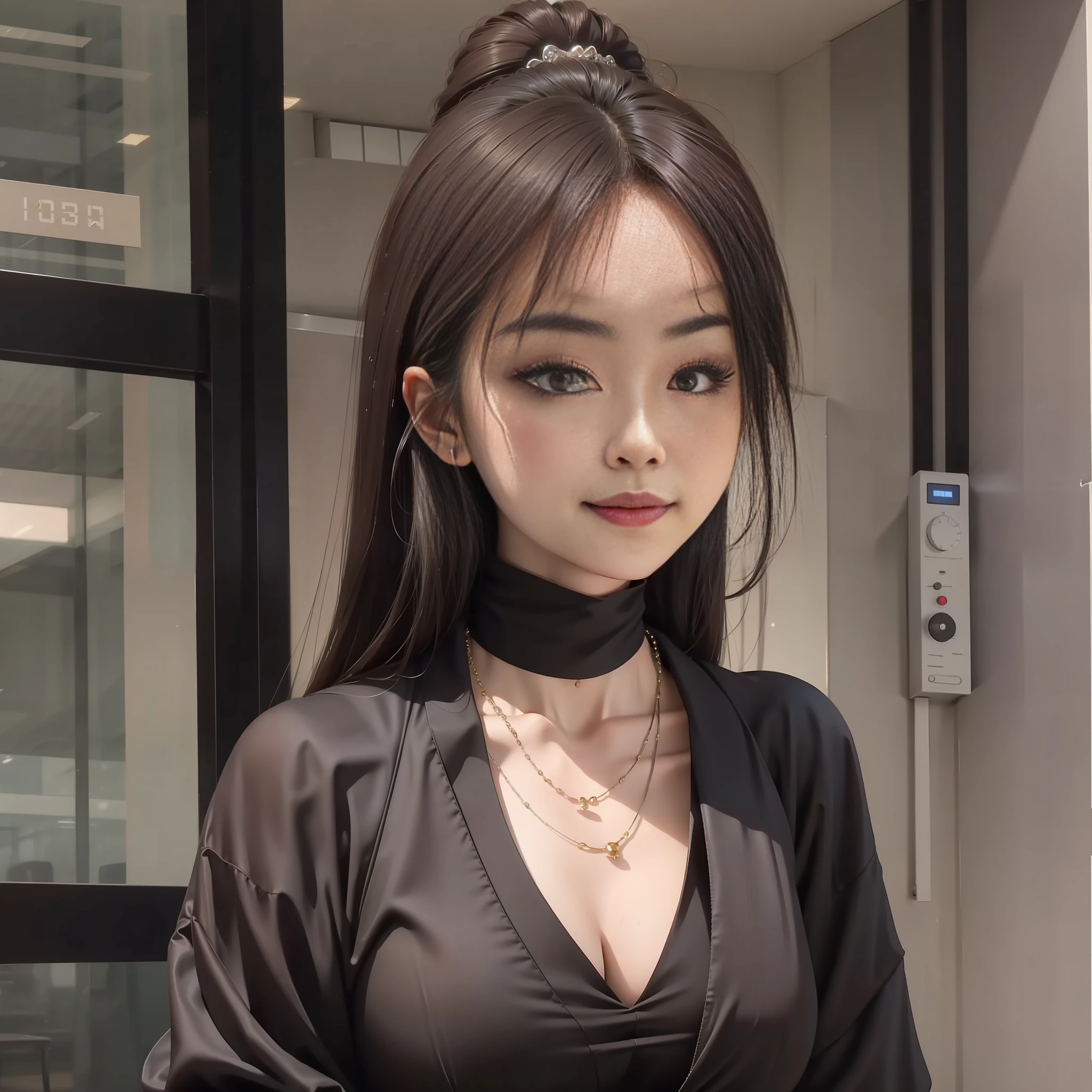 (Best Quality, 8k, 32k, Masterpiece, UHD: 1.2), Photo of a Beautiful Chinese Woman, A Woman: 1.5, (Detailed Face: 1.1), Simple Black Suit, Looking at the Viewer, Full Body Photo: 1.3, Necklace, Dress Shirt, Smile, Lower Body Long Skirt, Slim Figure, Long Legs, High Heels: 1.4, Tall