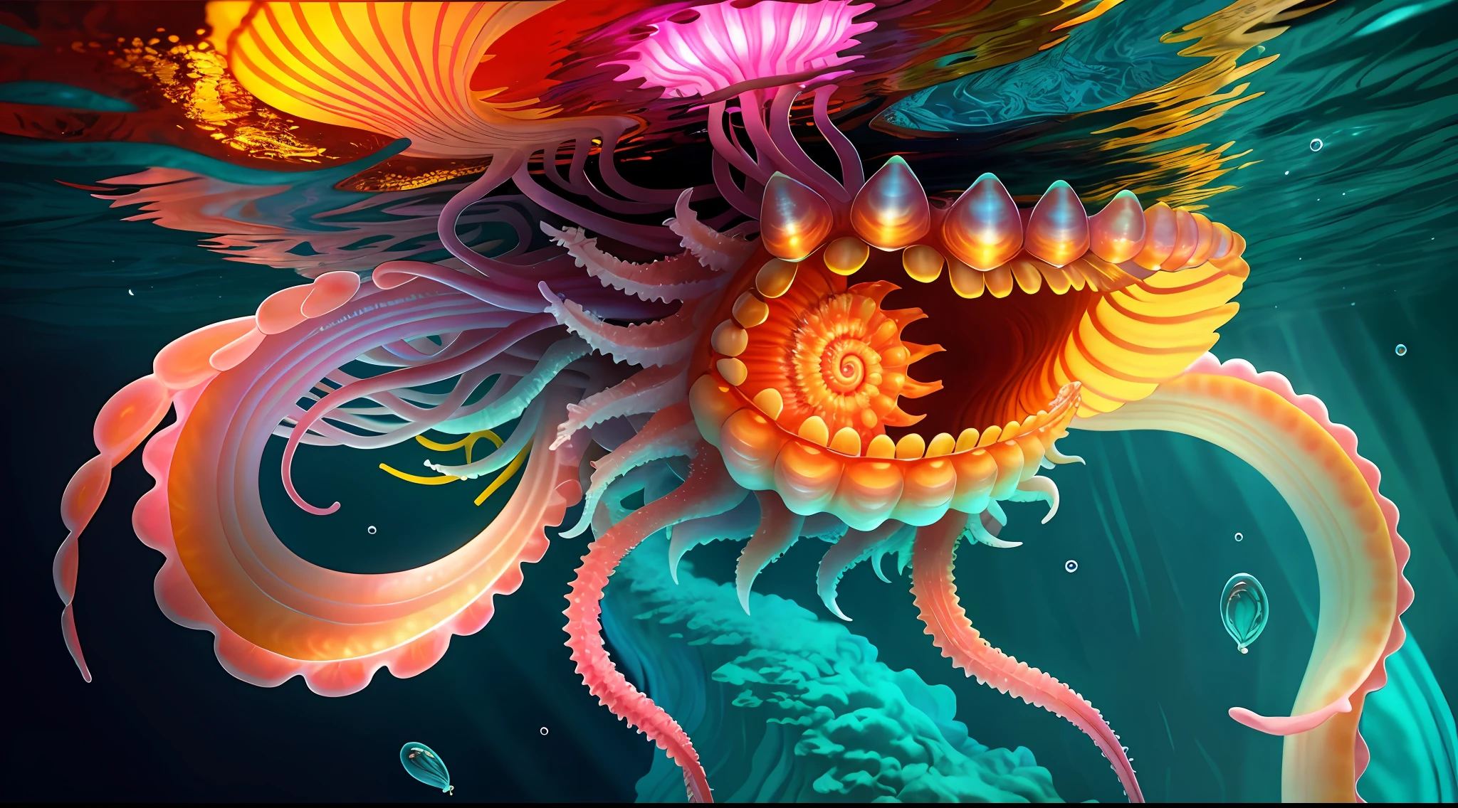Colorful, master composition, focus on key figures, realism, masterpiece, award-winning, best quality, masterpiece, ultra-detailed, 8K, extremely detailed CG Unity 8k wallpaper, complex, highly detailed, realistic, "under water, intricate details, macro shot glowing jellyfish girl, coral, light bulb, brightness, (neutral color: 1.2), ultra-detailed, cinematic, complex background, huge ocean twisted Mandelbrot fractal shell, golden pearl nacre, hyper detail, ArtStation, Octane Renderer, (Color Acne: 1.3)",