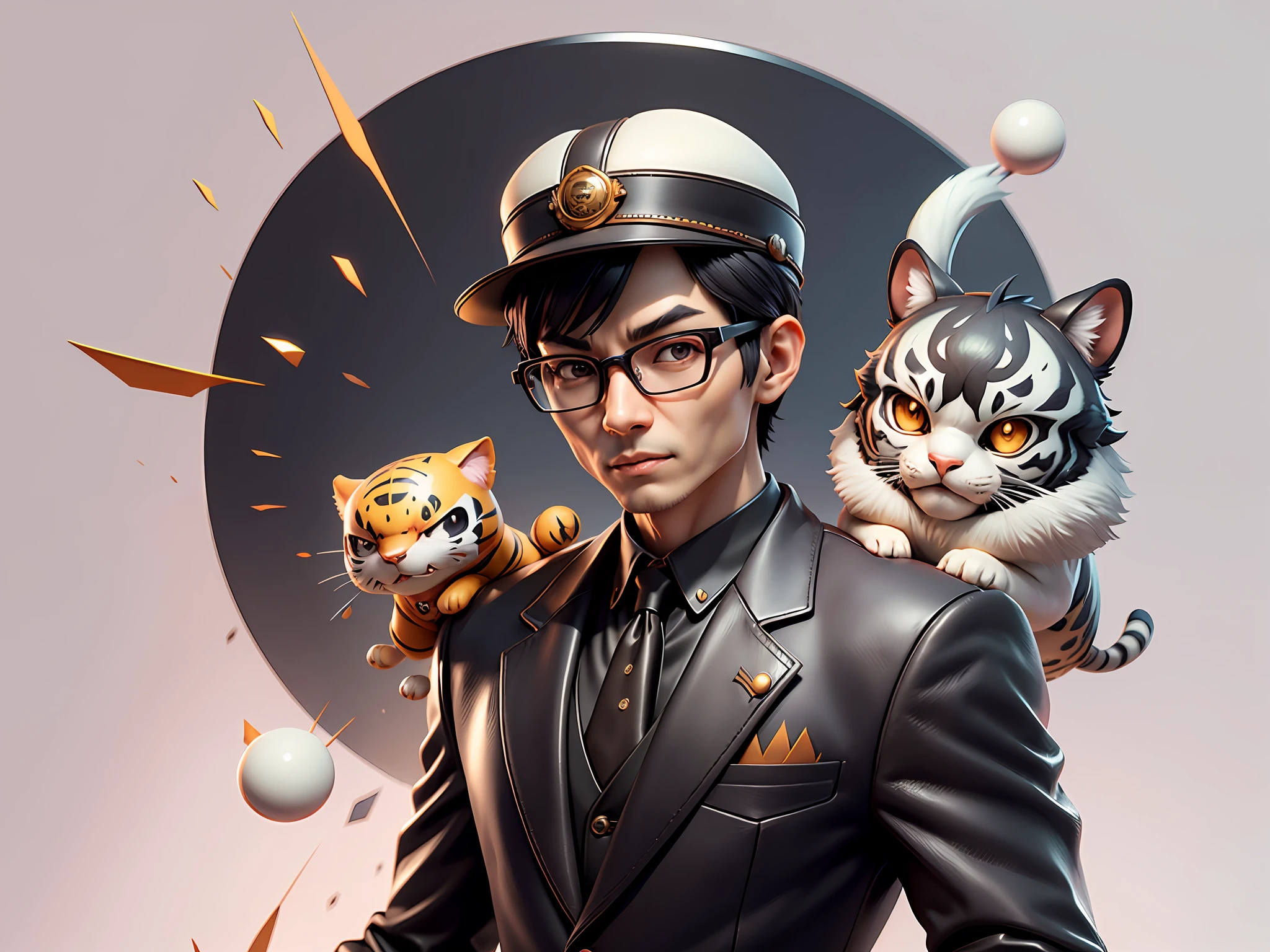 Young man with oriental face in leather hat, tiger, oriental face in formal suit, short black hair, silver glasses, digital painting, 3D character design by Mark Clairedon and Pixar and Hayao Miyazaki and Akira Toriyama, the illustration is a high-definition illustration in 4K resolution with very detailed facial features and cartoon-style visuals.