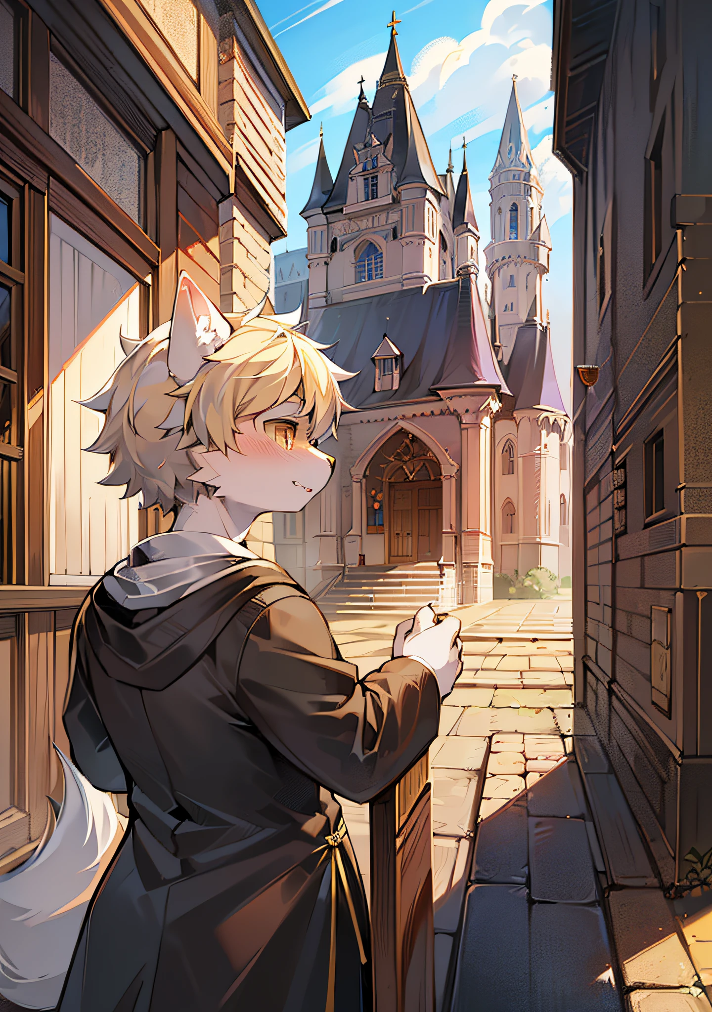 (Daytime Environment: 0.8), Masterpiece, High Quality, Abstract Res, Digital Painting\(Artwork\), by Dagasi, Yupa, Kiyosan, (Anthro, Fluffy Fur, Character Focus: 1.1), Anthro Male Cat, Short Hair, Portrait , bright eyes, panorama, character focus. (Detailed background: 0.7), Solo, Furry, Furry Male, Male Focus, Anthr, (Full Body Fur, Fluffy Tail, White Fur, Blonde Eyes, Gray Hair: 1.2), (Canids, White Foxes, Priests), (Exterior, Daytime, Castle, )