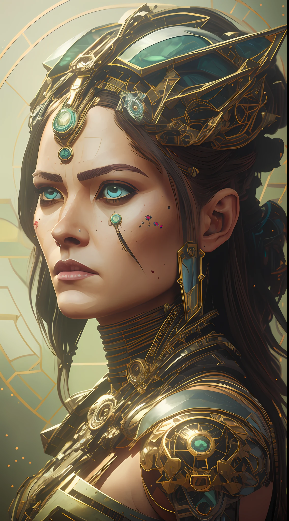 symmetry!! head to waist portrait of cyberpunk alien empress goddess mecha in the style of horizon zero dawn, machine face, intricate, elegant, highly detailed, digital painting, artstation, concept art, smooth, sharp focus, illustration, art by artgerm and greg rutkowski and alphonse mucha, 8k