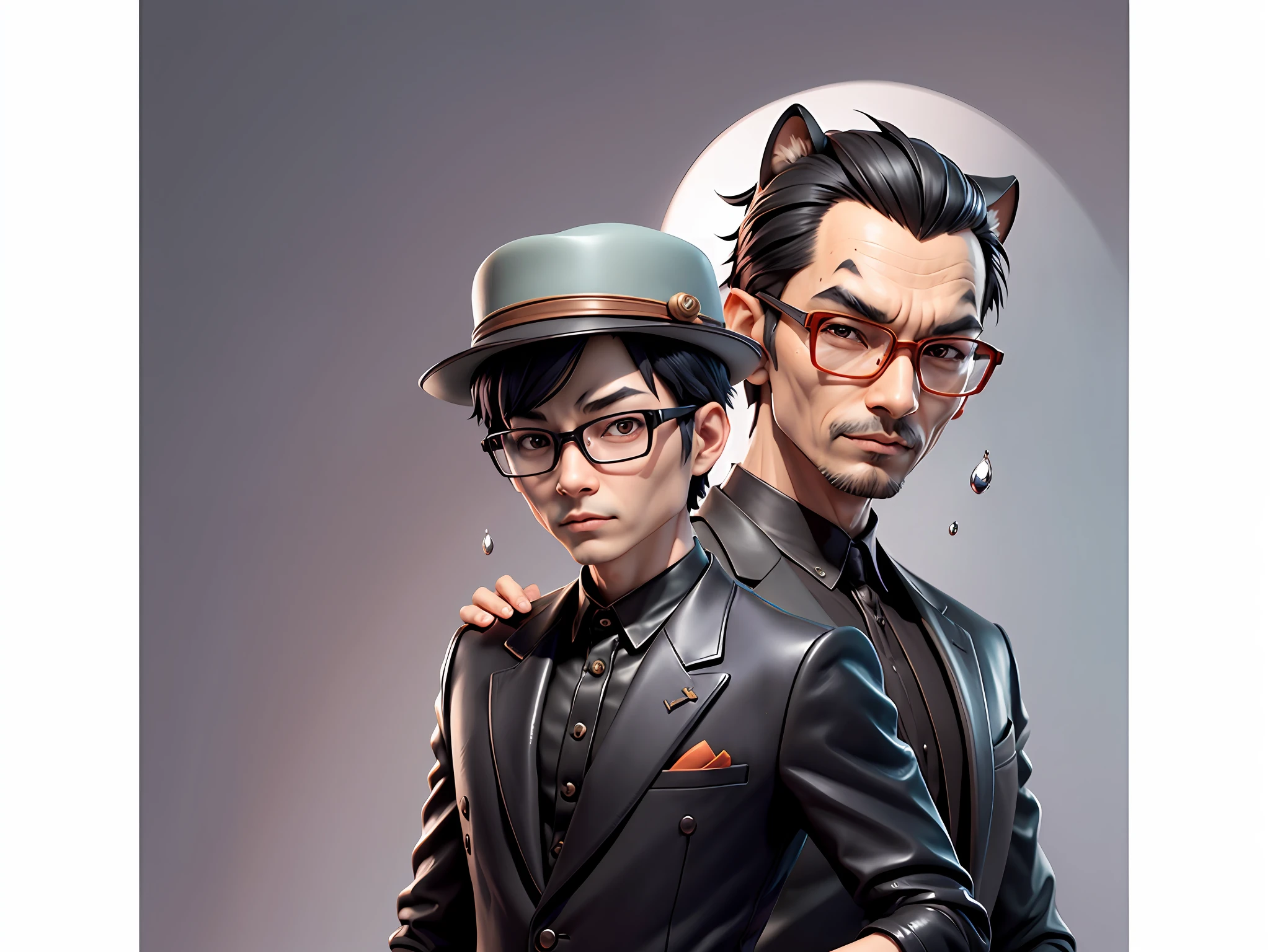Young man with oriental face in leather hat, tiger, oriental face in formal suit, short black hair, silver glasses, digital painting, 3D character design by Mark Clairedon and Pixar and Hayao Miyazaki and Akira Toriyama, the illustration is a high-definition illustration in 4K resolution with very detailed facial features and cartoon-style visuals.