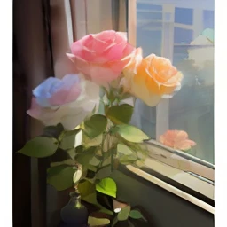 there are three roses in a vase on a windowsill, melanchonic rose soft light, pastel roses, roses in cinematic light, [ realistic photo ]!!, sunny morning light, summer morning light, a few roses, 中 元 节, morning light, hyper realistic color photo, ( ultra realistic ), roses, natural point rose'