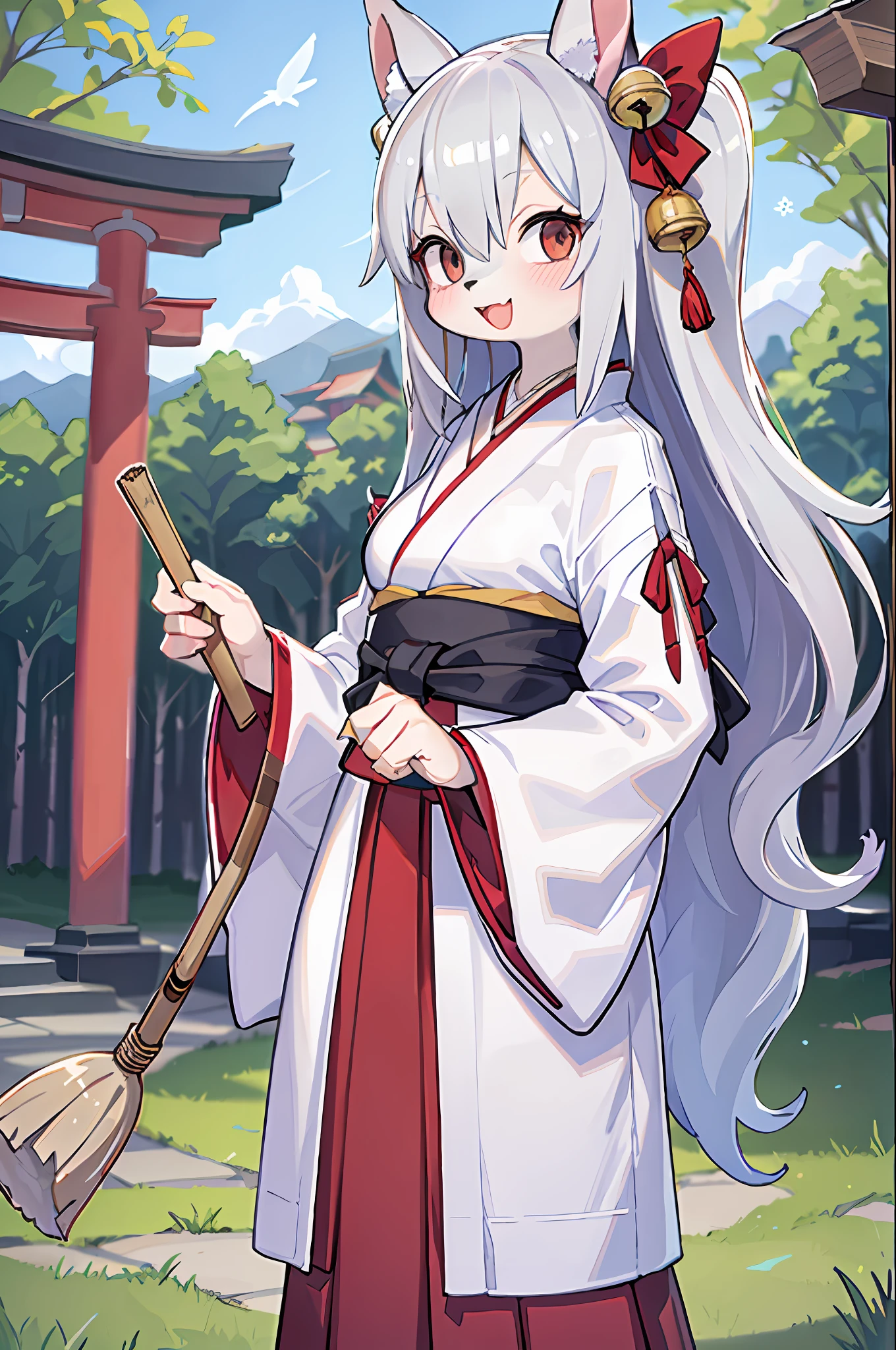 ((masterpiece, best quality)), furry, animal ears, tail, body fur, white hair
(Ultra Detailed), (Illustration), (Ultra High Resolution), (Fine Illustration), (Ultra Detailed),
1girl, :d, ahog, bamboo_broom, bangs, bell, black_ribbon, blur, blurry_background, blush, body_writing, bow, breast, broom, brown_eyes, brown_hair, day, depth_of_field, eyebrows_visible_through_hair, feathers, hair_ bell, hair_between_eyes, hair_ornament, hair_ribbon, hakama, hakama_skirt, hold, holding_broom, japanese_clothes, jingle_bell, kimono, long_hair, long_sleeves, looking_at_viewer, medium_ breasts, miko, one_side_up, open_mouth, outdoor, red_bow, red_hakama, ribbon, ribbon trimmed_sleeves, ribbon_trim, rope, shimoto wheel, skirt, smile, solo, torii, very_long_hair, white_feathers, white_kimono, wide_sleeves