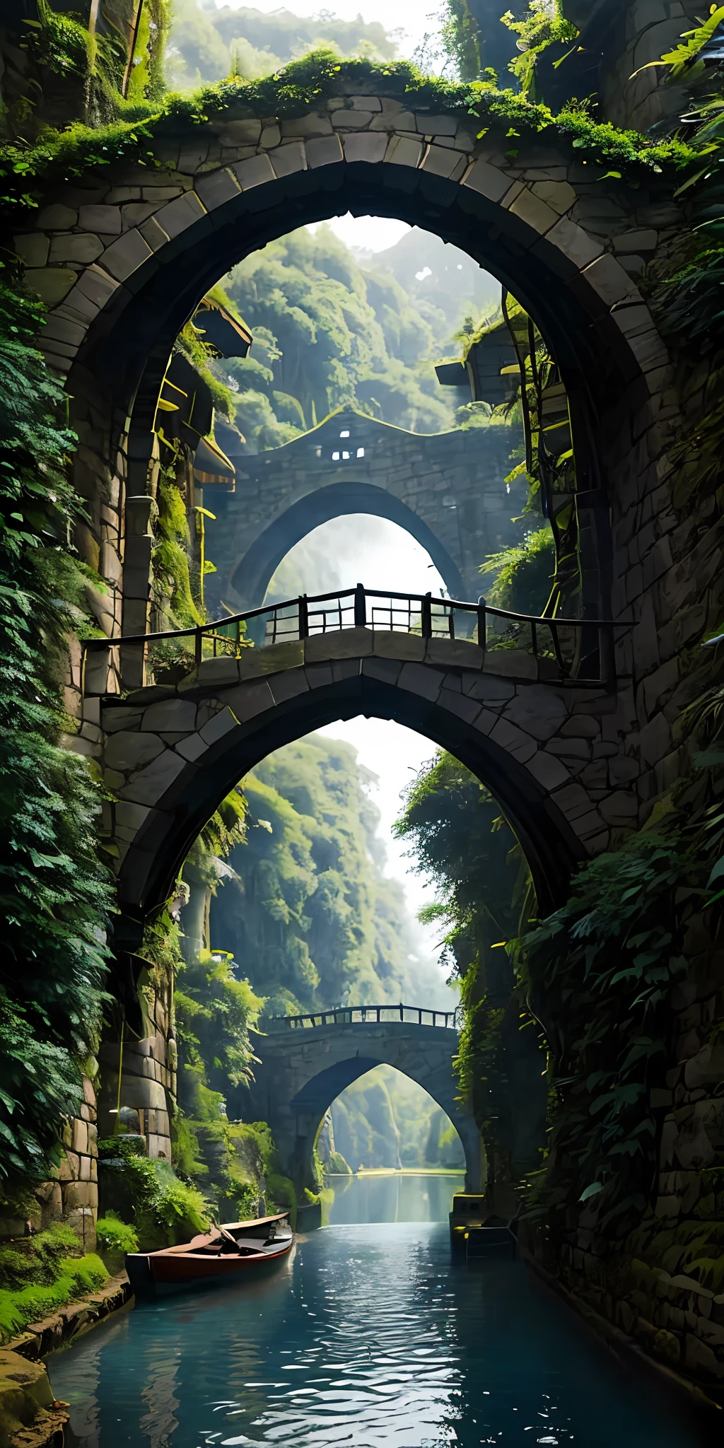 Medieval bridge in ominous blue-green jungle, bohemian modern village, photorealistic and detailed, 8k quality, National Geographic photo, overcast weather, medium distance, bridge perspective.