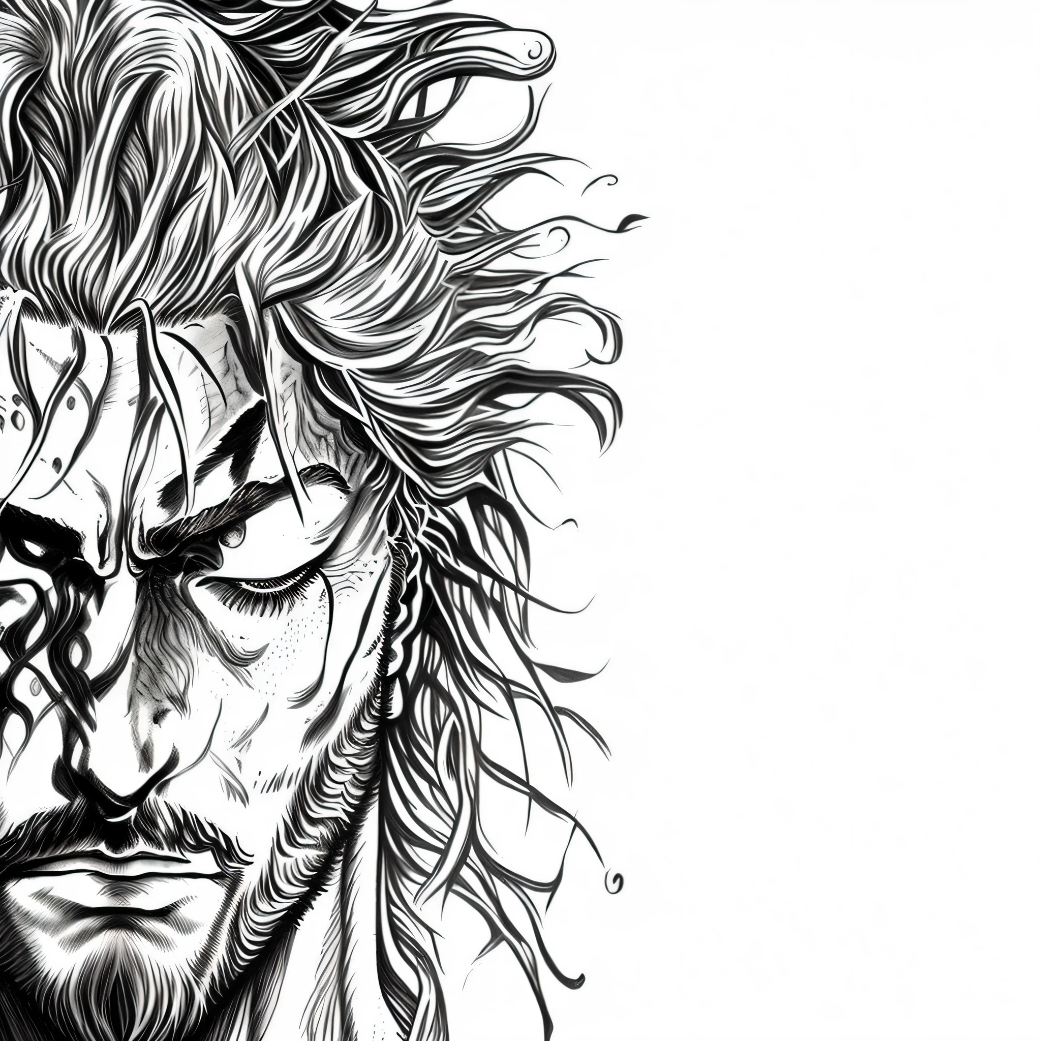 a drawing of a man with long hair and a beard, 4 k manga wallpaper, kentaro miura manga art style, takehiko inoue, seinen manga portrait, striking manga artstyle, handsome guy in demon slayer art, kentaro miura manga style, ink manga drawing, manga style of kentaro miura, detailed manga style, in berserk manga