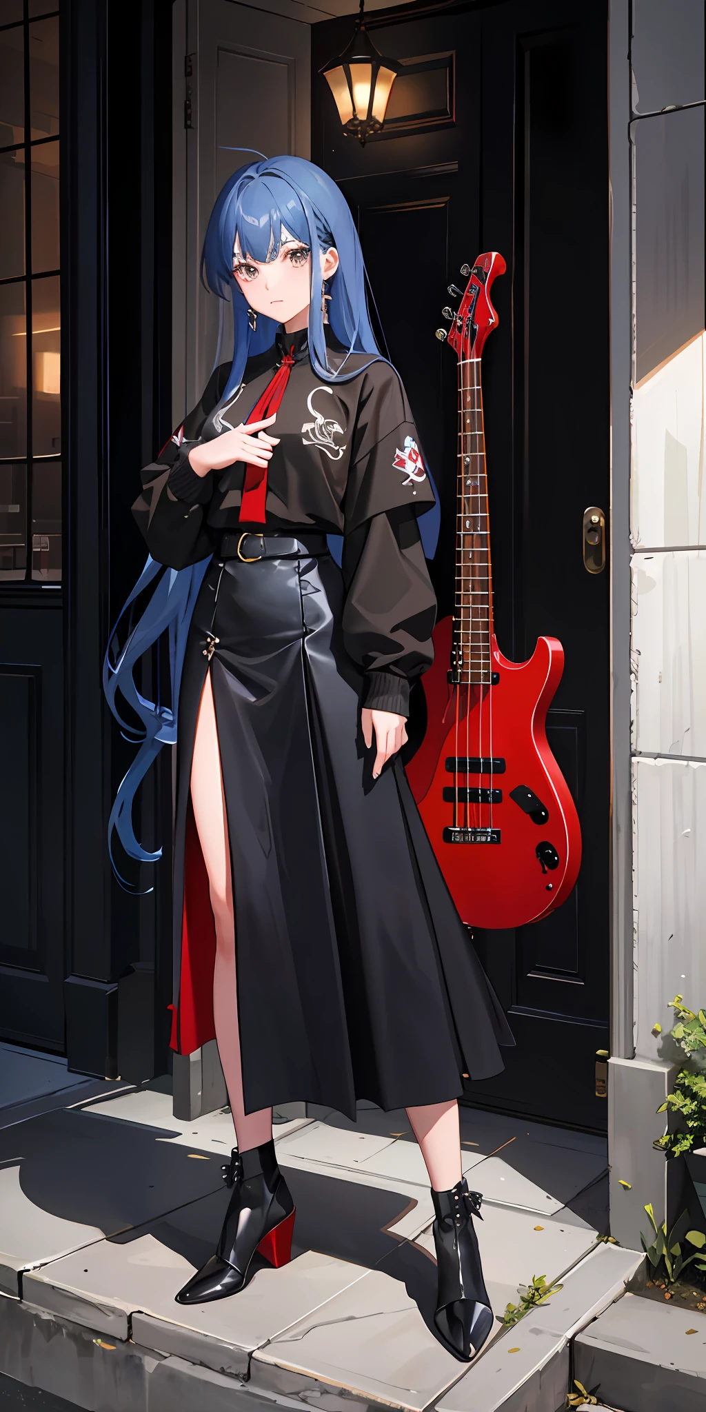 masterpiece, best quality, masterpiece, LLChar, one woman,college girl,blue hair, brown eyes, long hair, with red bass guitar,black clothes,old clothes,long skirt,bangs, glitter,side slit, hands-up,
