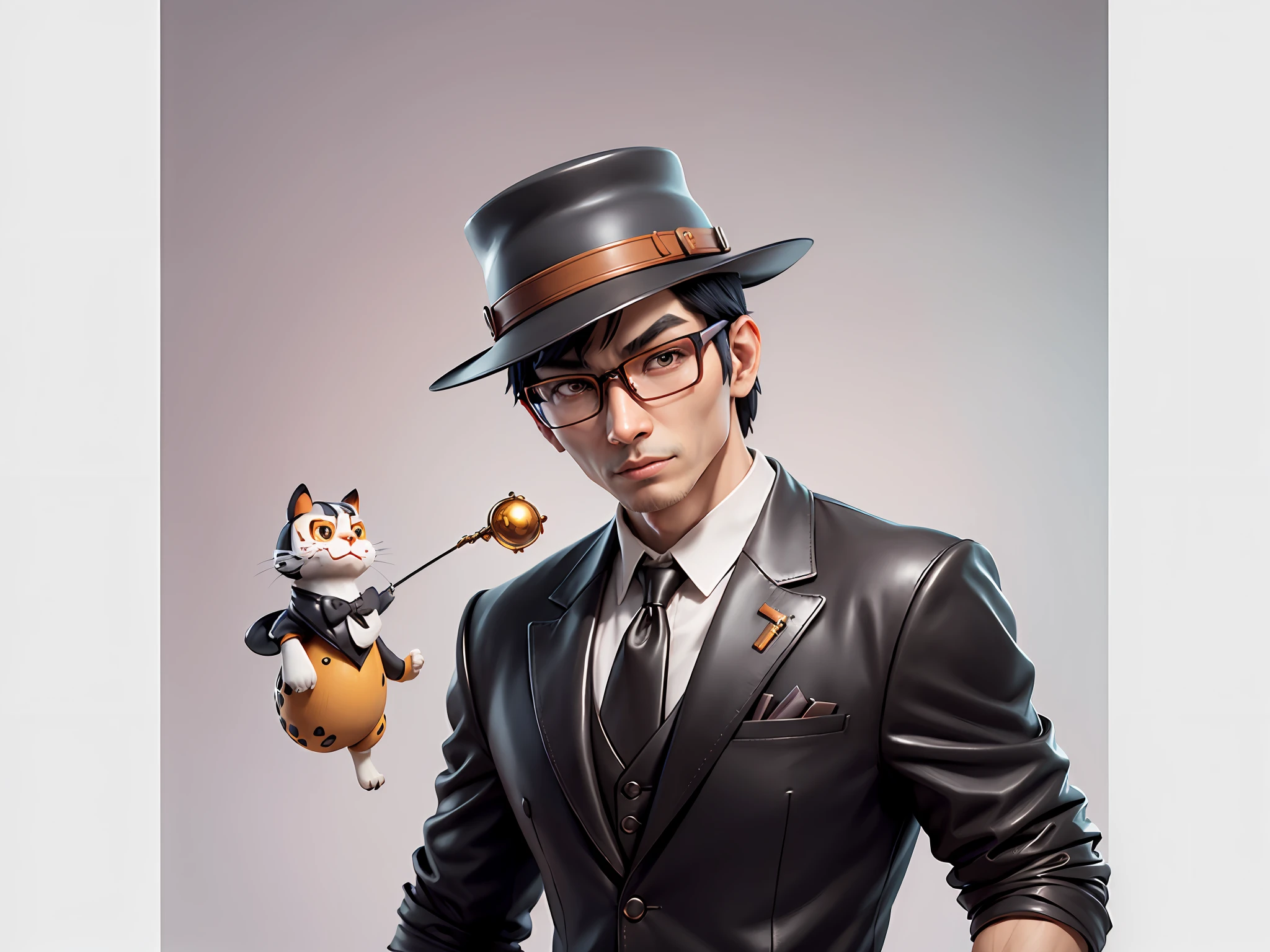 Young man with oriental face in leather hat, tiger, oriental face in formal suit, short black hair, silver glasses, digital painting, 3D character design by Mark Clairedon and Pixar and Hayao Miyazaki and Akira Toriyama, the illustration is a high-definition illustration in 4K resolution with very detailed facial features and cartoon-style visuals.