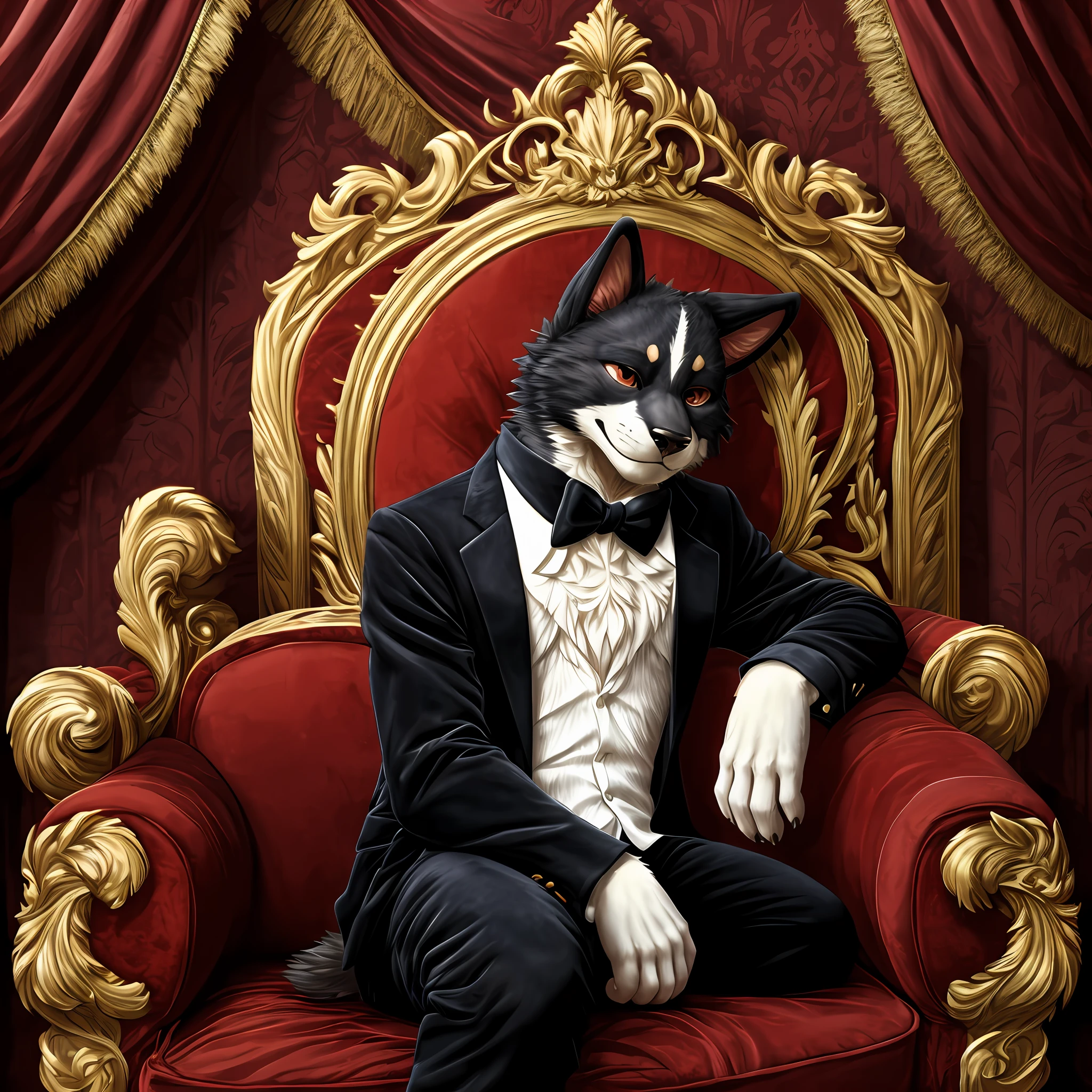 top quality, best quality, masterpiace, super high resolution, detailed background, spotlight, concert(highly detailed beautiful face and eyes)absurdres, perfect anatomy(handsome 1boy, kemono, solo focus, tuxedo)(furry)(furry anthro:1.7)(Furry body, dog facial features, dog body features)(very detailed body fur)full body, sitting, closed eyes, An opulent red velvet single-seat sofa with a sense of grandeur, adorned with lavish armrests, smile, portrait,