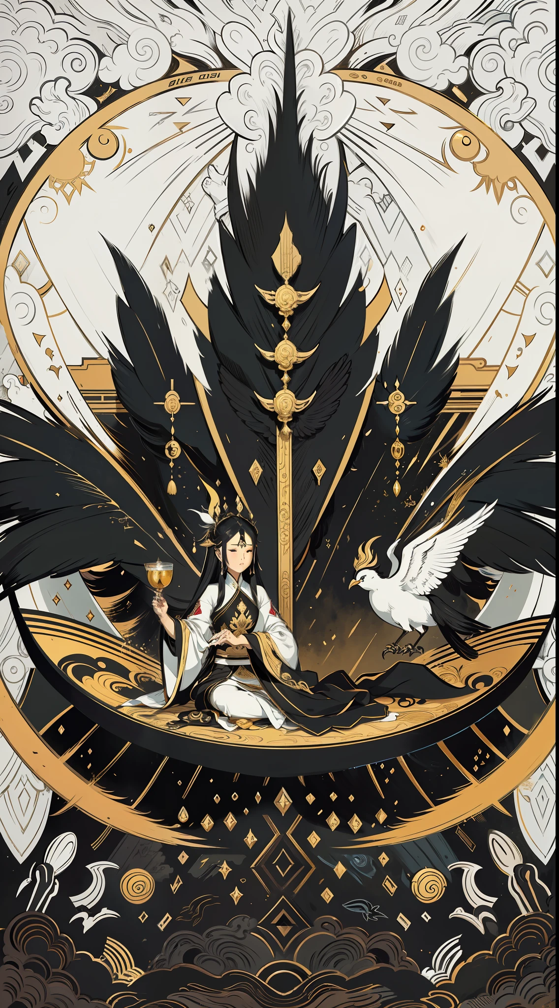 Foshakti bird of paradise painting, grand scenes, zen - monochrome, black, gold, thangka art