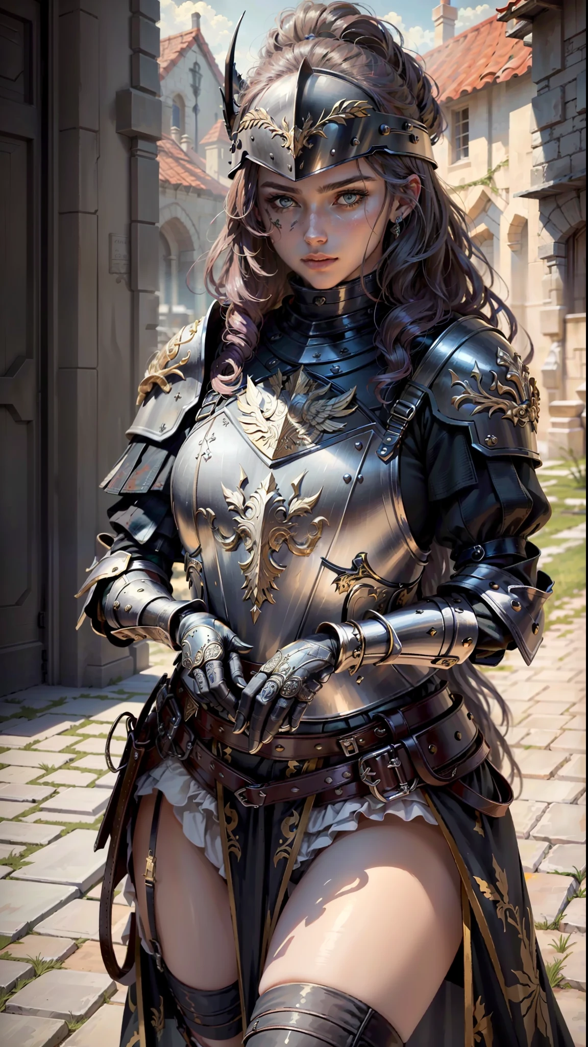 ((Best quality)), ((masterpiece)), (highly detailed:1.3),a woman wearing black armor, long hair. Holding a helmet, armor damaged war scene